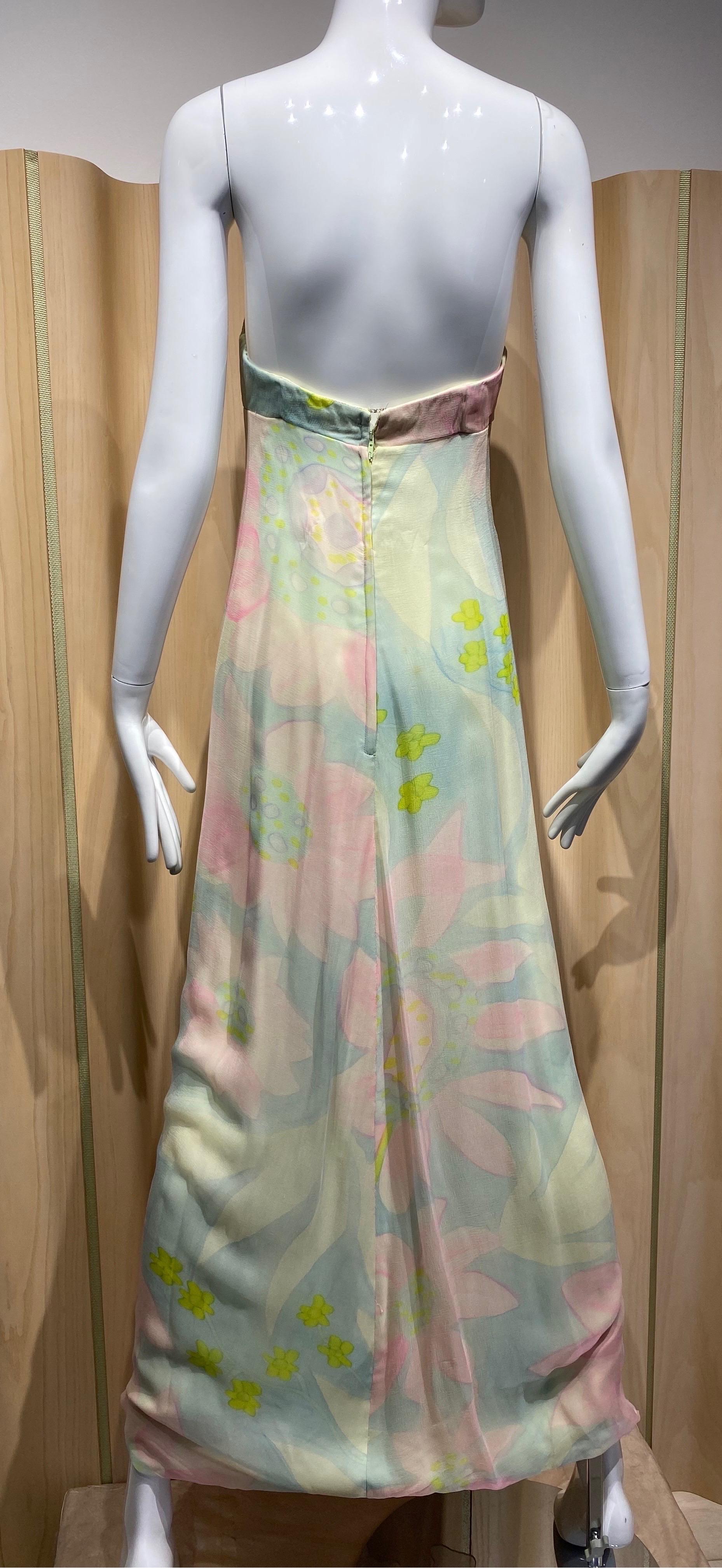 1970s Helena Barbieri Pastel Silk Strapless Silk Chiffon Gown  In Good Condition For Sale In Beverly Hills, CA