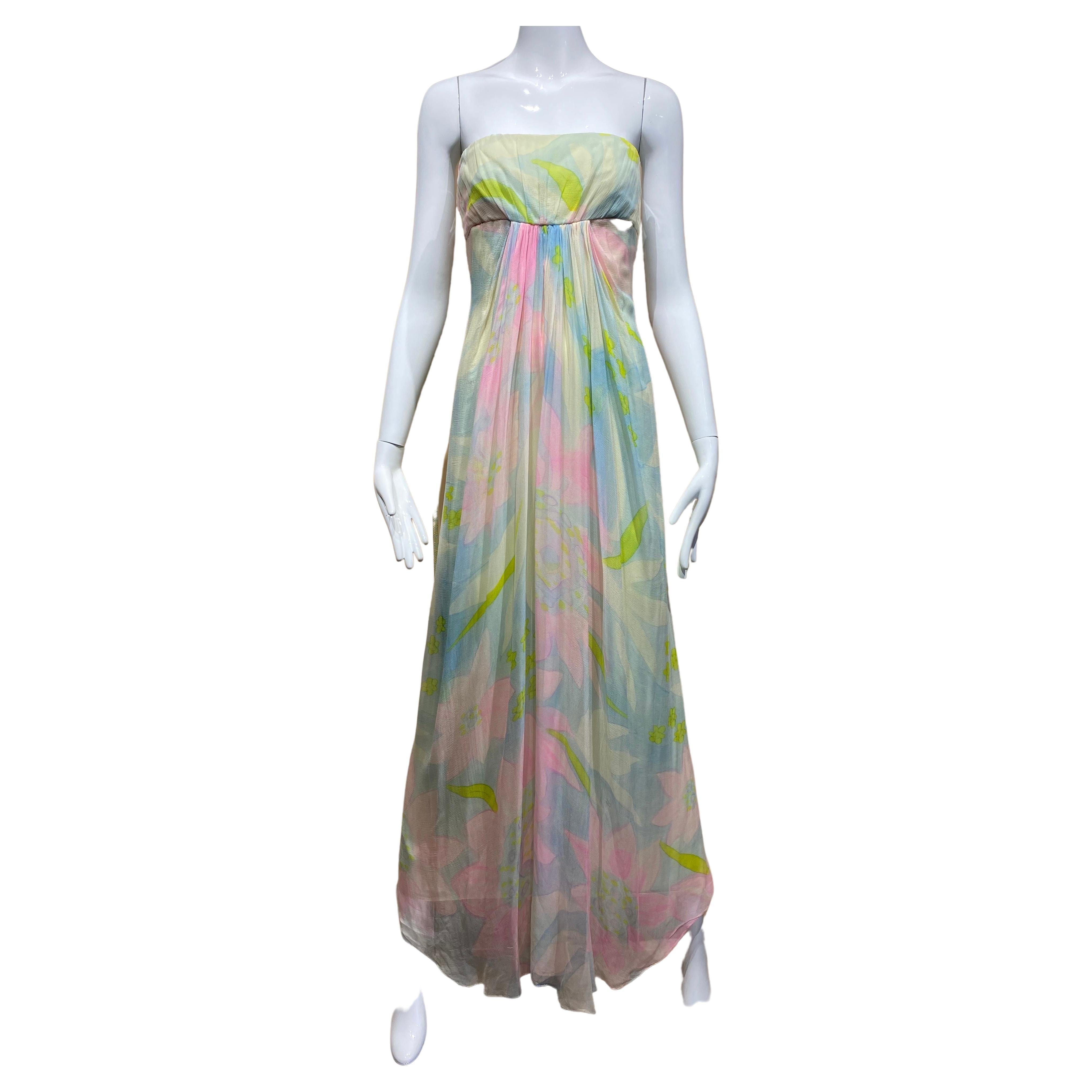 1970s Helena Barbieri Pastel Silk Strapless Silk Chiffon Gown  For Sale