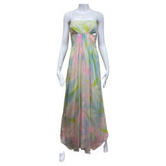 1970s Helena Barbieri Pastel Silk Strapless Silk Chiffon Gown 