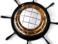 1970s Helm Nautical Wood Brass Wall Lamp