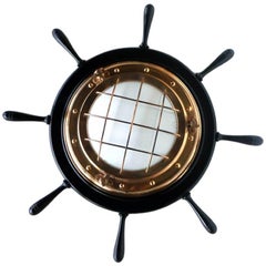 1970s Helm Nautical Wood Brass Wall Lamp