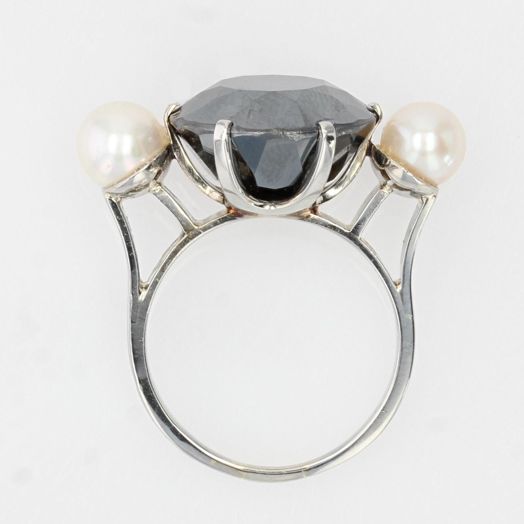 1970s Hematite Cultured Pearl 18 Karat White Gold Cocktail Ring For Sale 7