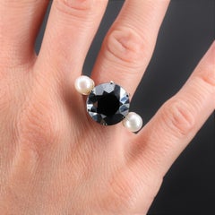 Anello da cocktail in oro bianco 18 carati con ematite e perle coltivate degli anni '70