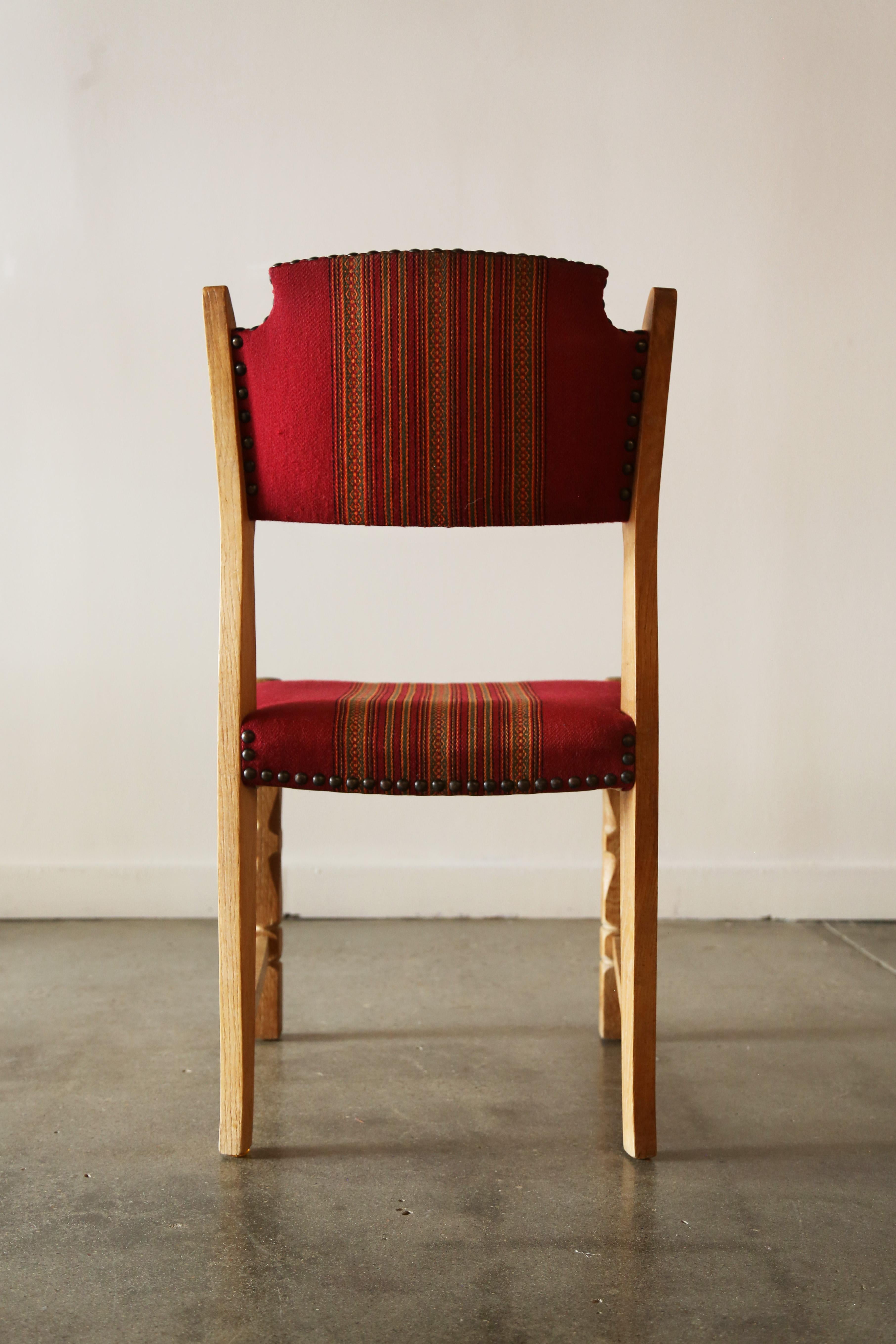 Brass 1970s Henning Kjaernulf Style Set of 6 Danish Oak and Wool Dining Chairs