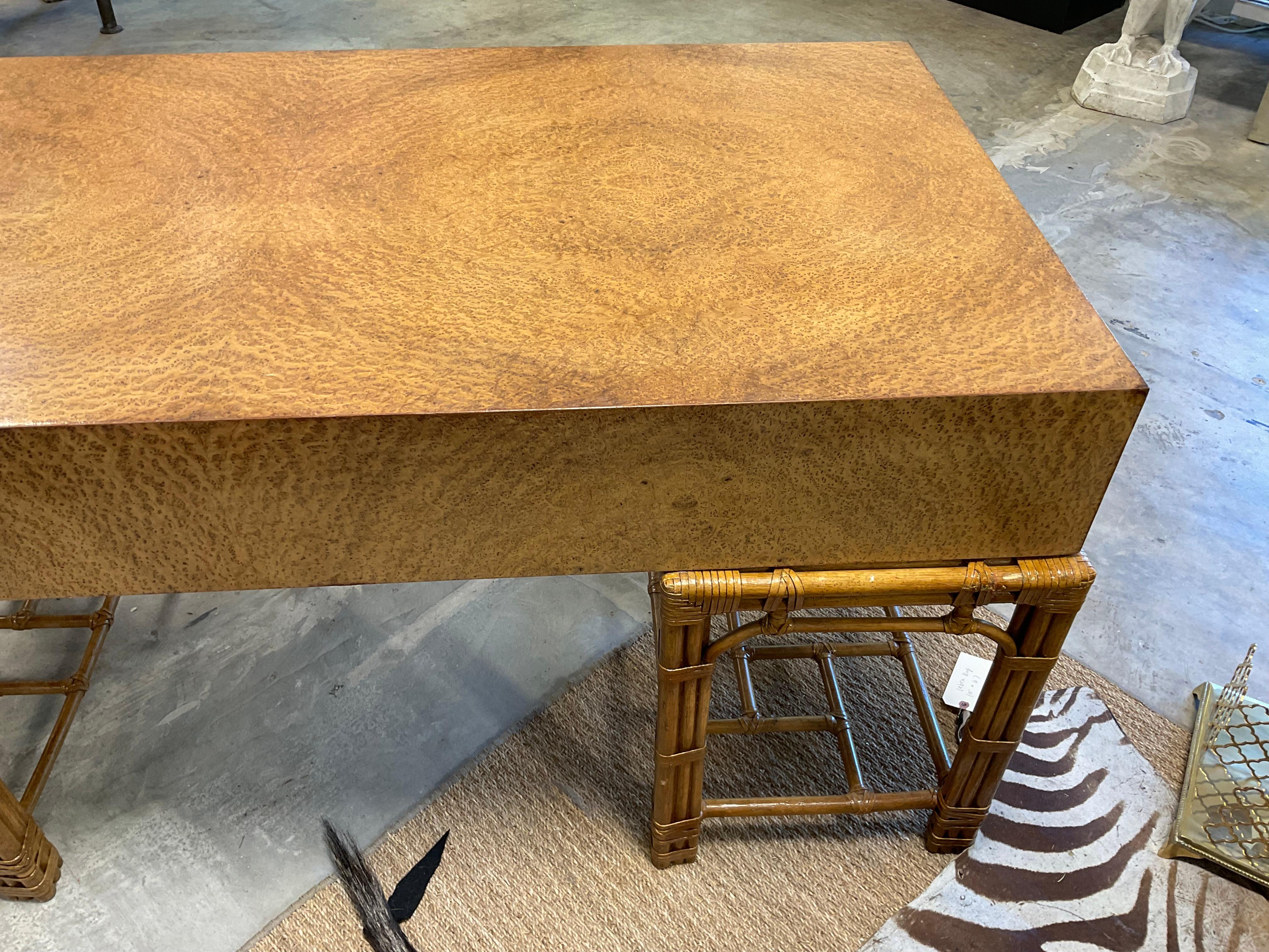 Late 20th Century 1970s Henredon Burl/ Rattan Maguire Style Desk For Sale