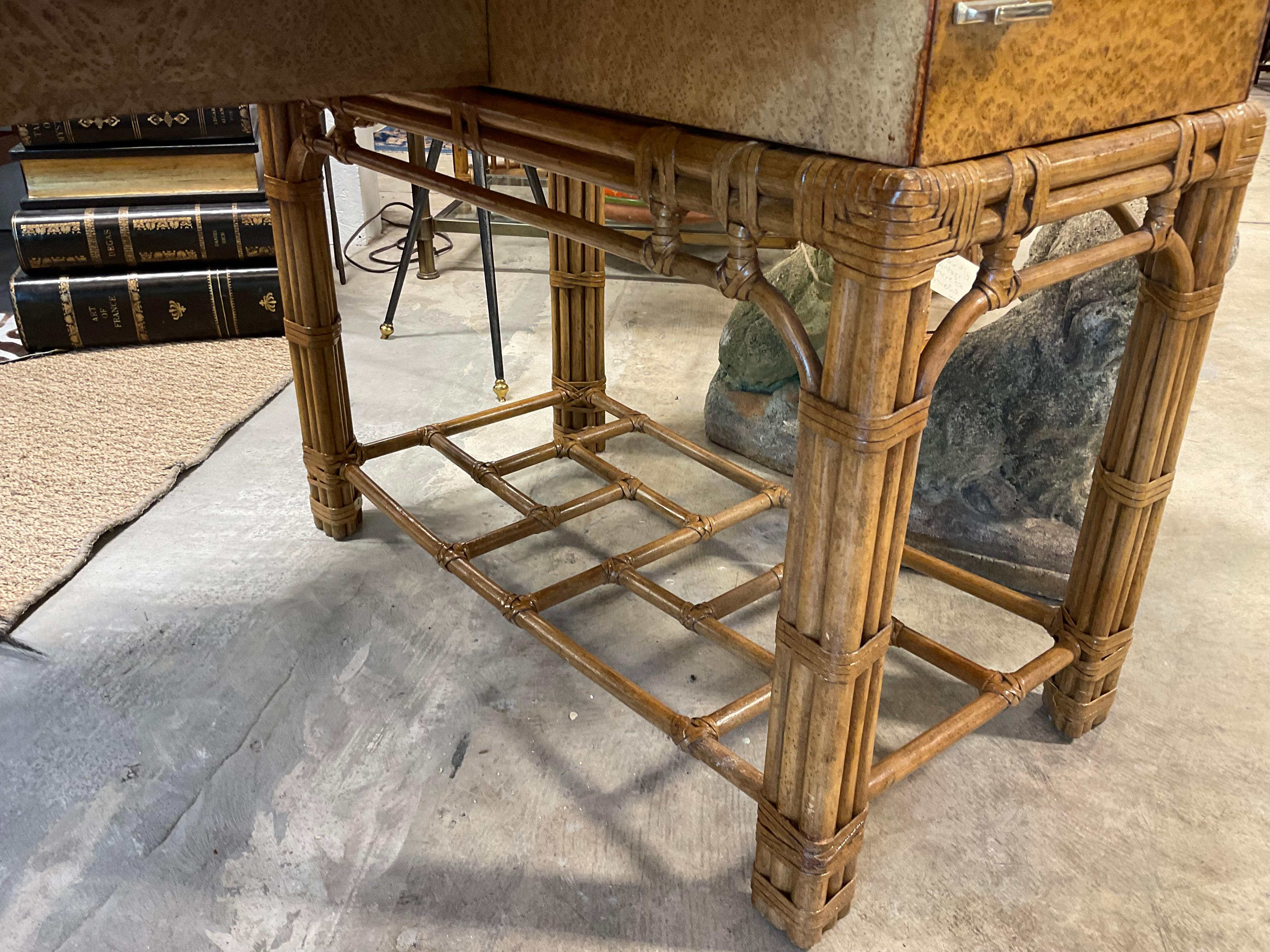 1970s Henredon Burl/ Rattan Maguire Style Desk For Sale 1