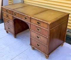 1970s Henredon Faux Bamboo Campaign Style Pine Desk with Leather Top