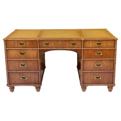 1970s Henredon Faux Bamboo Campaign Style Pine Desk with Leather Top