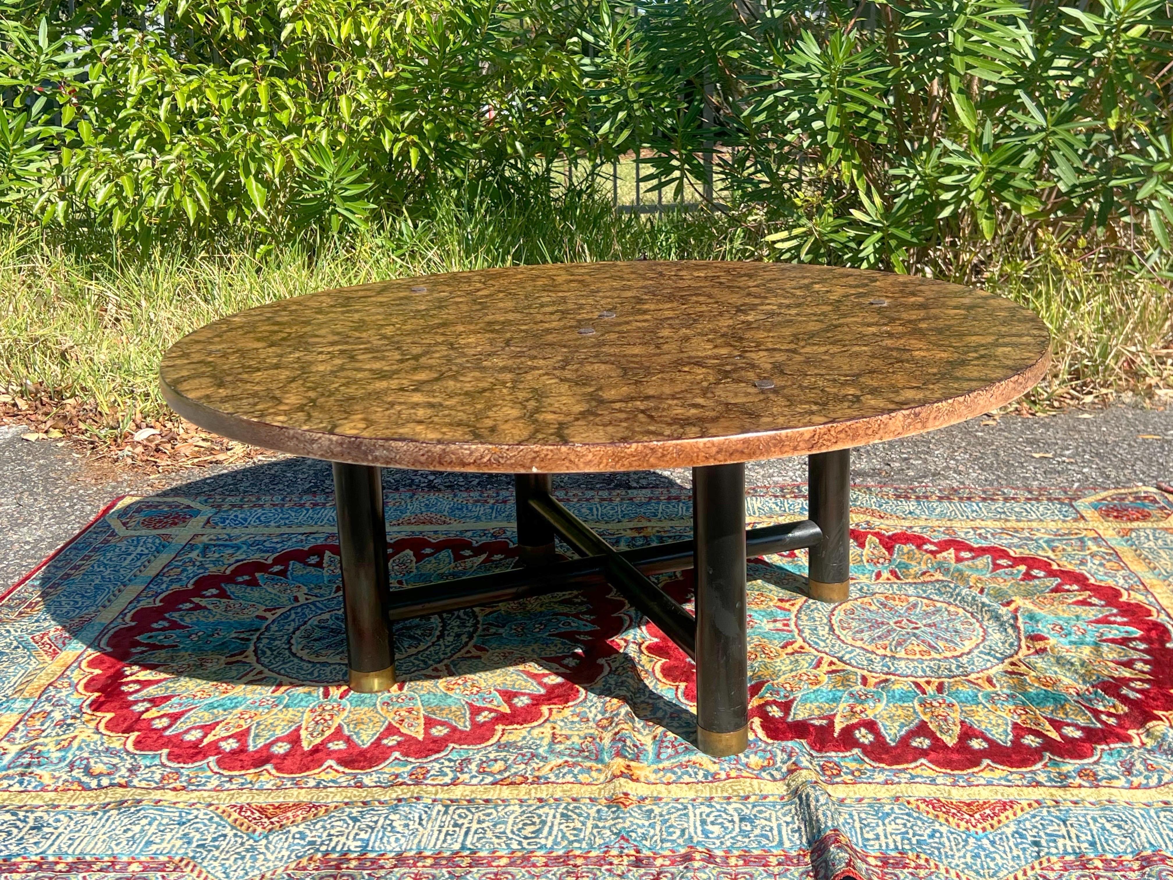 Ebonized 1970’s Henredon Faux Tortoise Shell Round Coffee Table For Sale