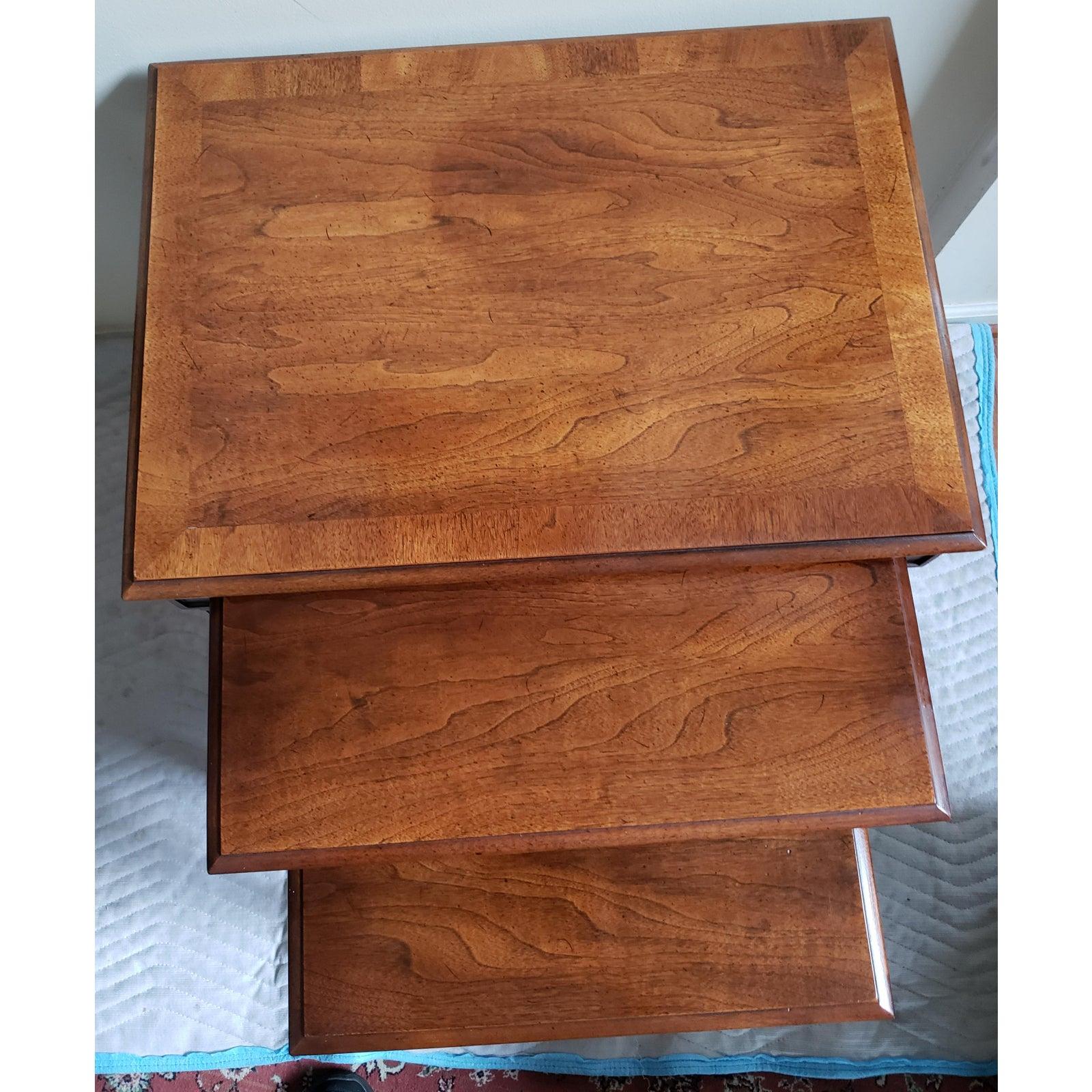 American Craftsman 1970s Henredon Hand Rubbed Solid Dark Walnut Nesting Tables, Set of 3