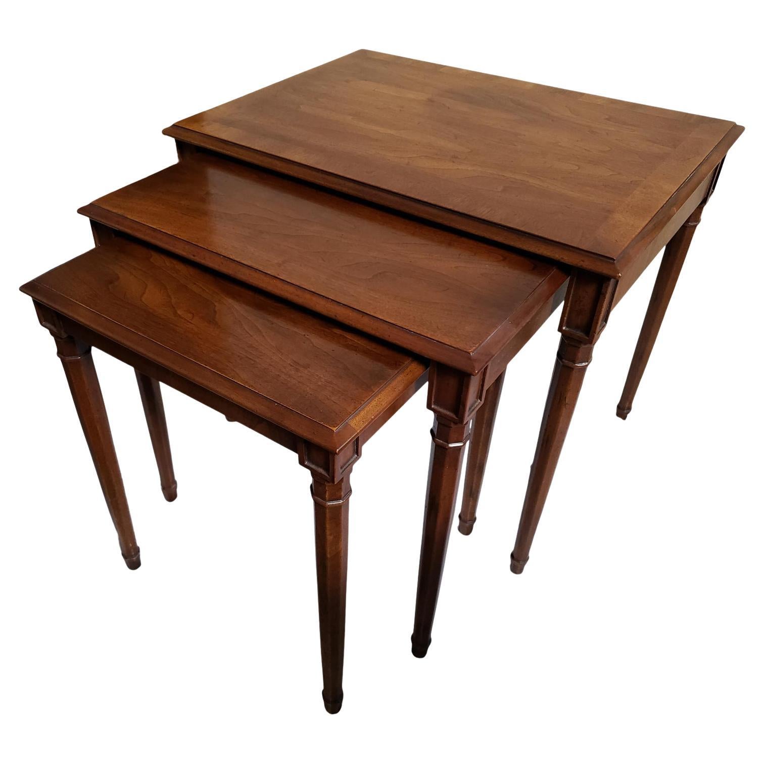 1970s Henredon Hand Rubbed Solid Dark Walnut Nesting Tables, Set of 3