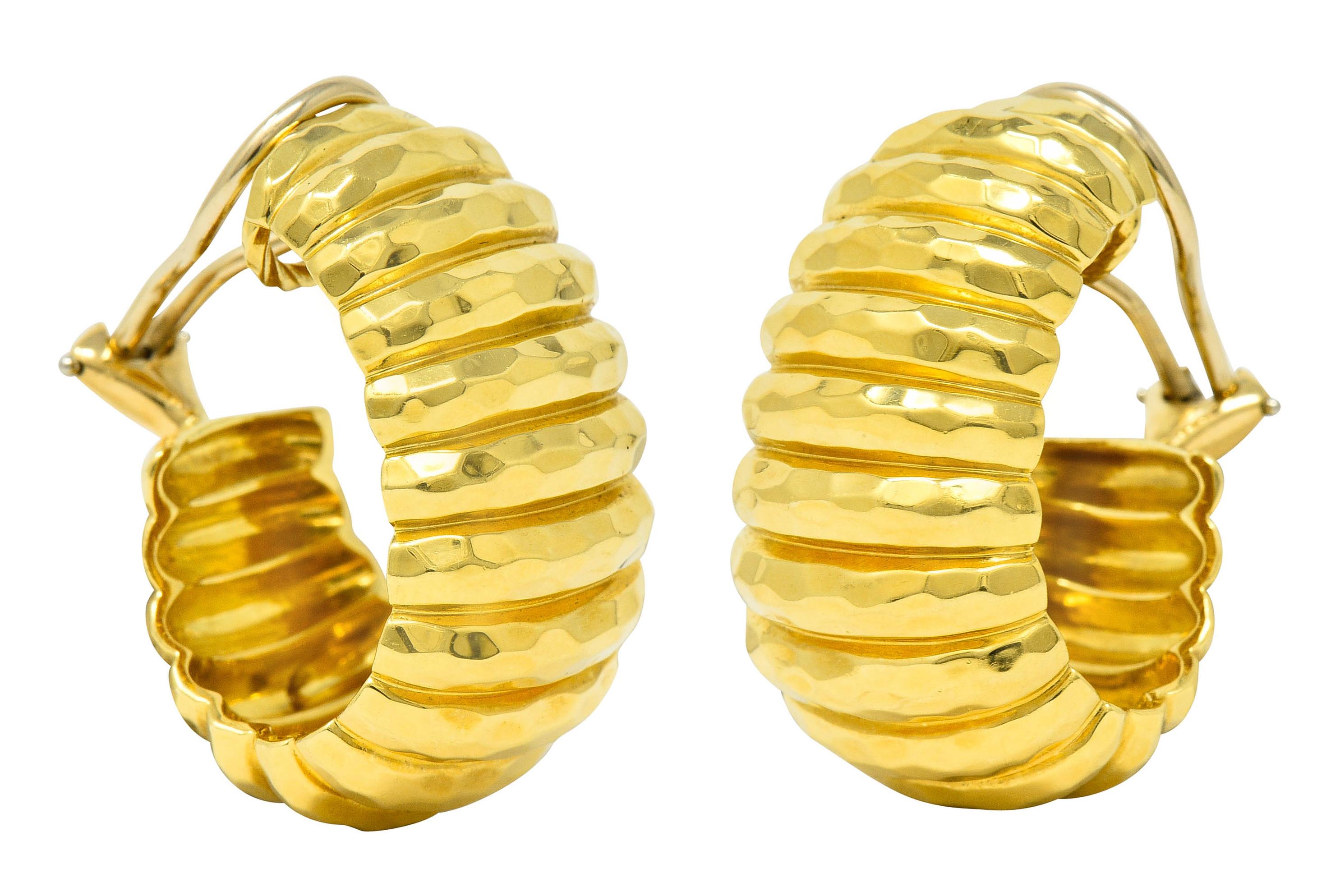 Henry Dunay 18 Karat Yellow Gold Hammered J Hoop Ear-Clip Earrings In Excellent Condition In Philadelphia, PA