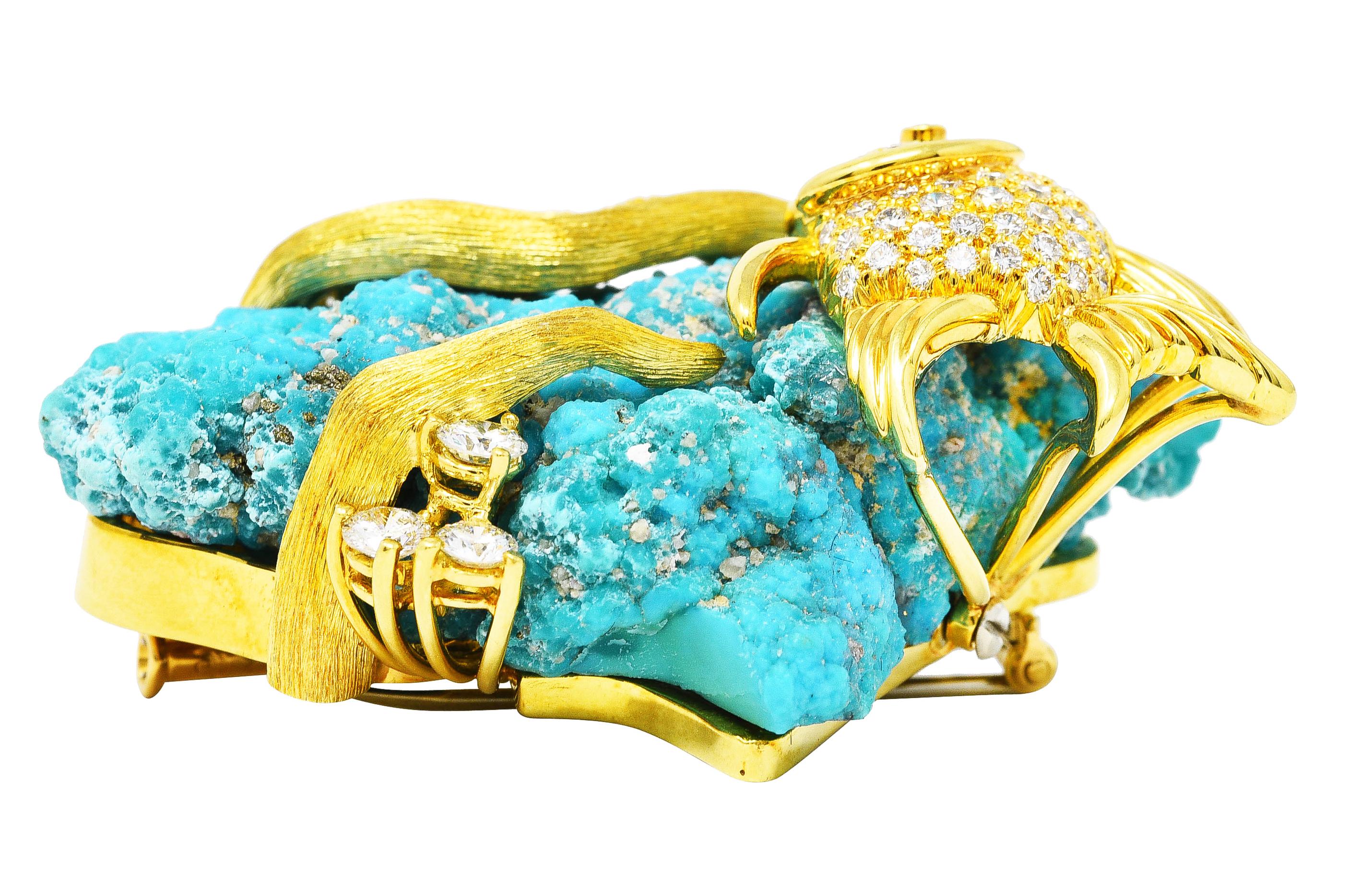 1970's Henry Dunay Turquoise 2.00 Carats Diamond & Fancy Yellow 18 Karat Brooch 4