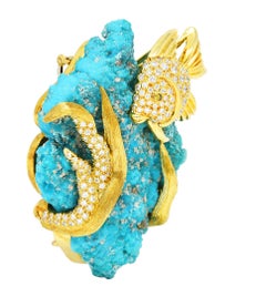 1970's Henry Dunay Turquoise 2.00 Carats Diamond & Fancy Yellow 18 Karat Brooch