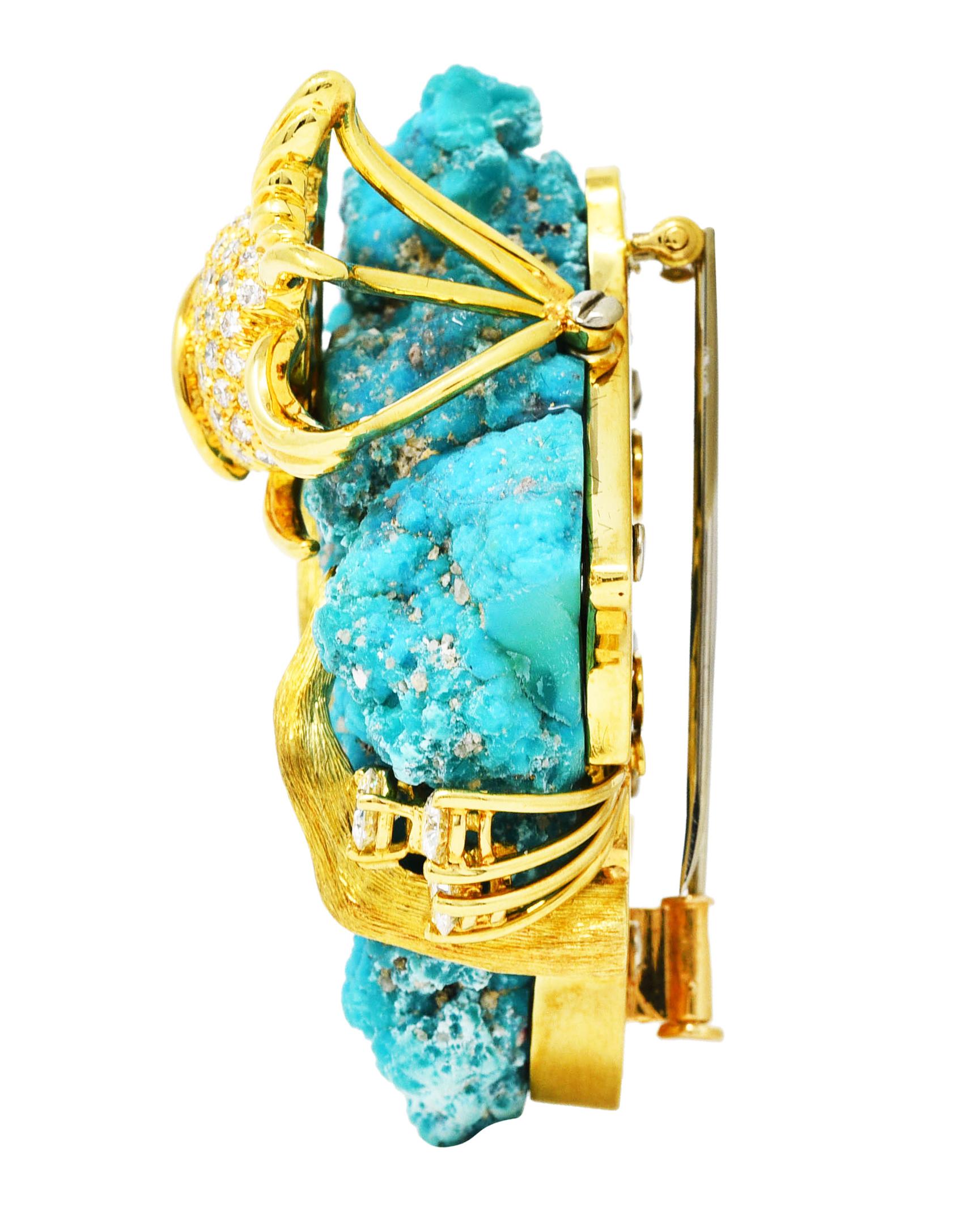 1970's Henry Dunay Turquoise 2.00 Carats Diamond & Fancy Yellow 18 Karat Brooch In Excellent Condition In Philadelphia, PA