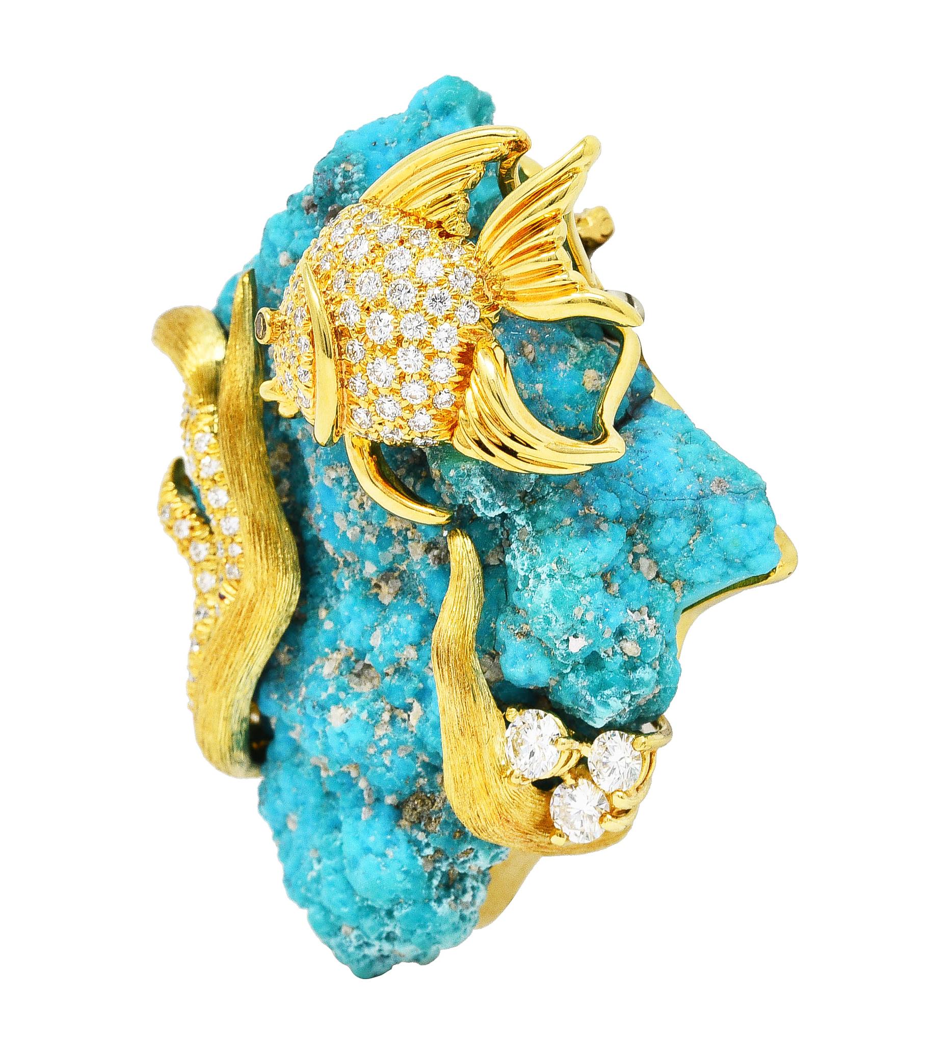 Women's or Men's 1970's Henry Dunay Turquoise 2.00 Carats Diamond & Fancy Yellow 18 Karat Brooch