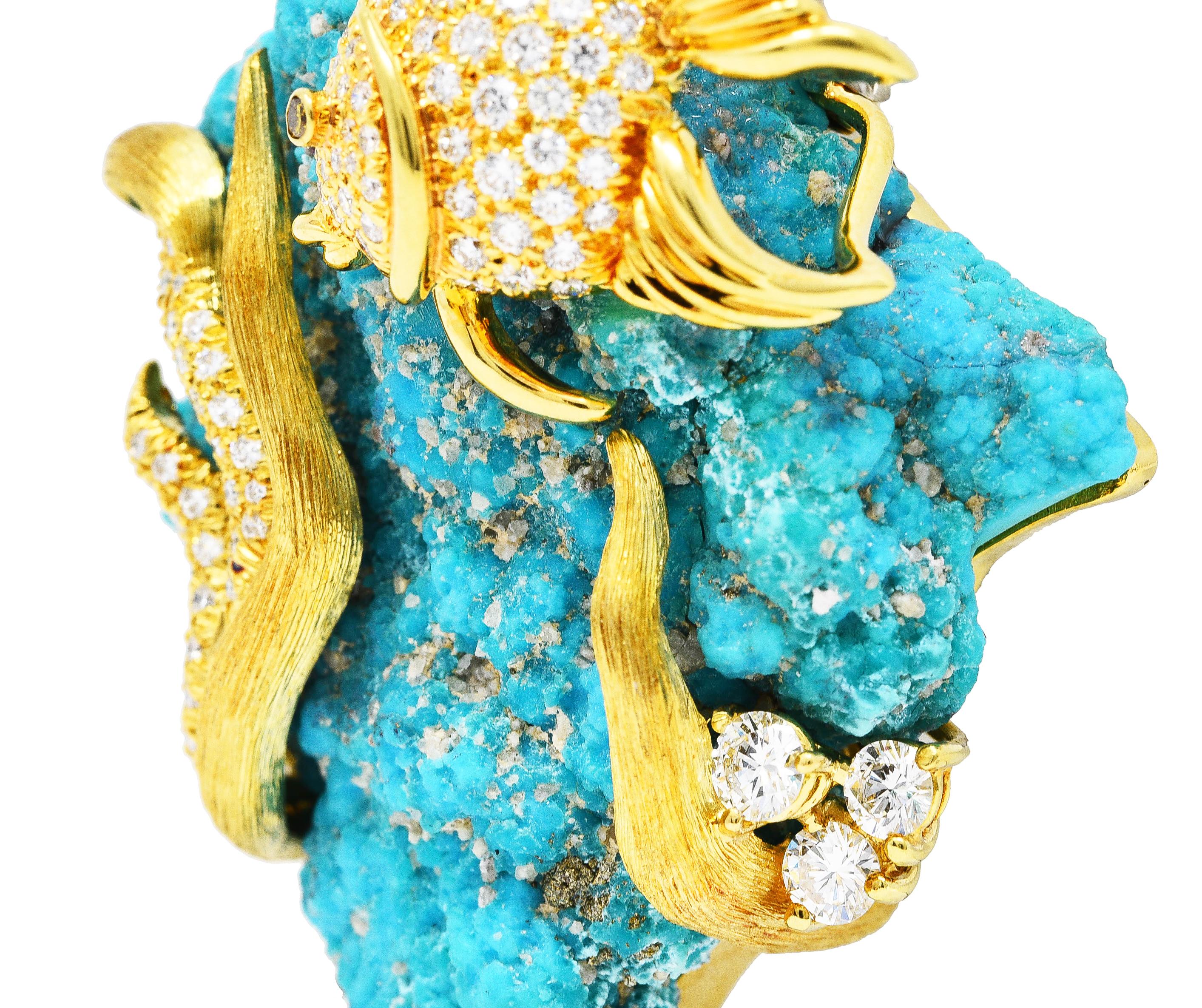 1970's Henry Dunay Turquoise 2.00 Carats Diamond & Fancy Yellow 18 Karat Brooch 2