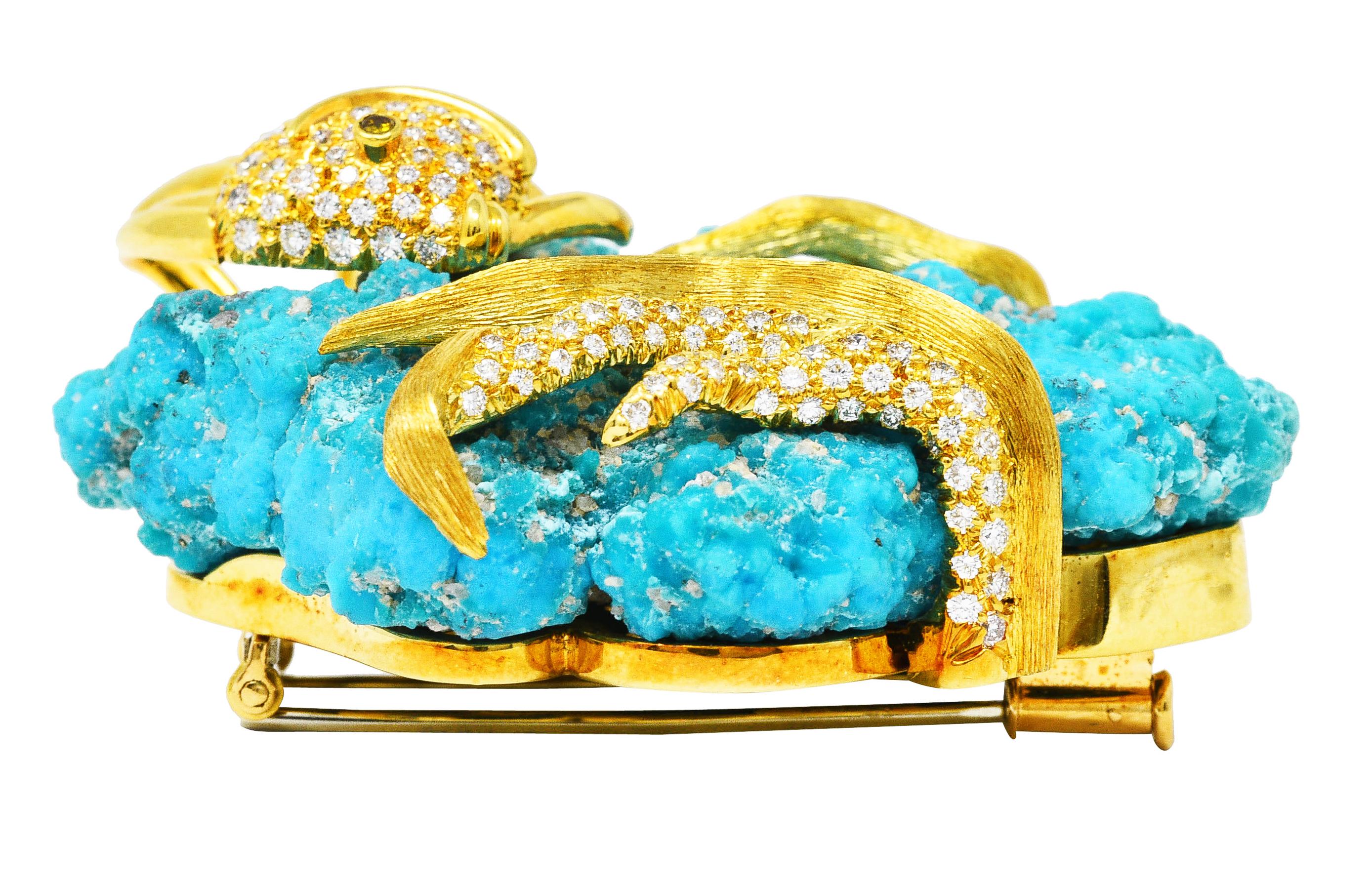 1970's Henry Dunay Turquoise 2.00 Carats Diamond & Fancy Yellow 18 Karat Brooch 3