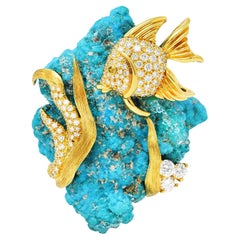 Henry Dunay Broche en or jaune 18 carats avec turquoise de 2,00 carats et diamants fantaisie, années 1970