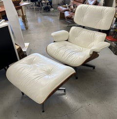 1970's Herman Miller Eames Rosewood & White Leather Lounge Chair & Ottoman