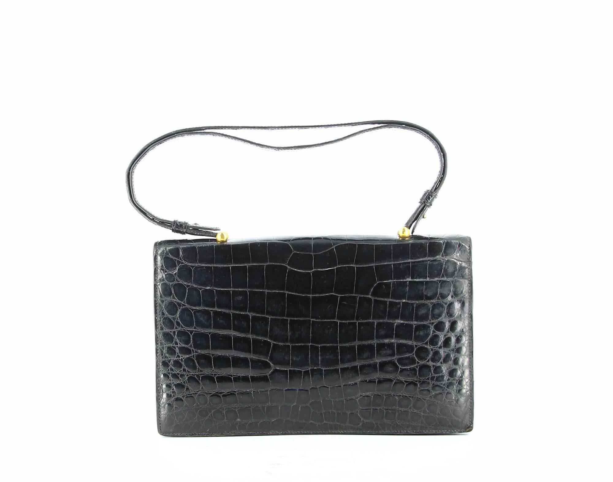 Women's or Men's 1970s Hermès Black Crocrodile Bag