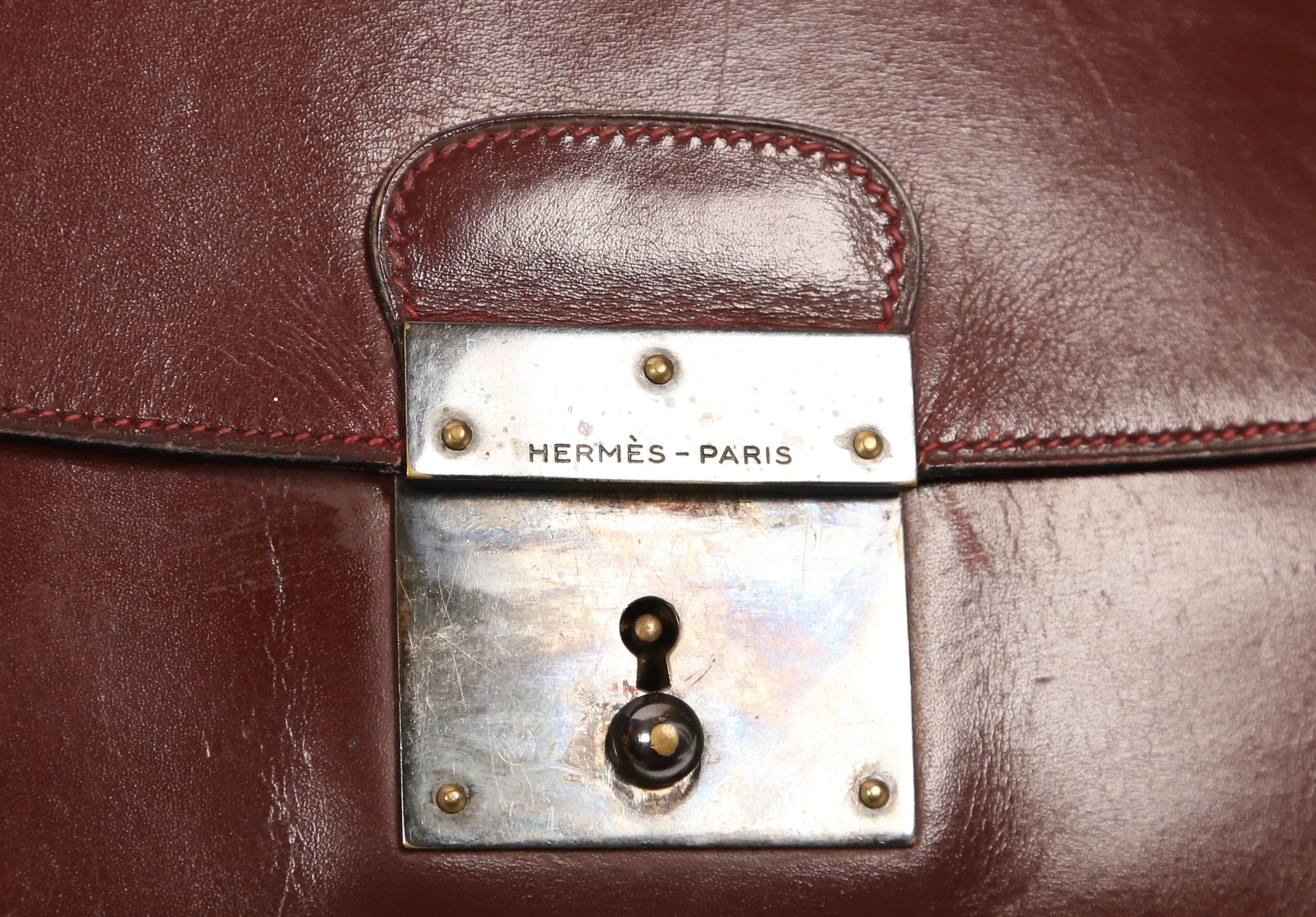 Women's or Men's 1970's HERMES bordeaux box leather pochette clutch with wrist strap
