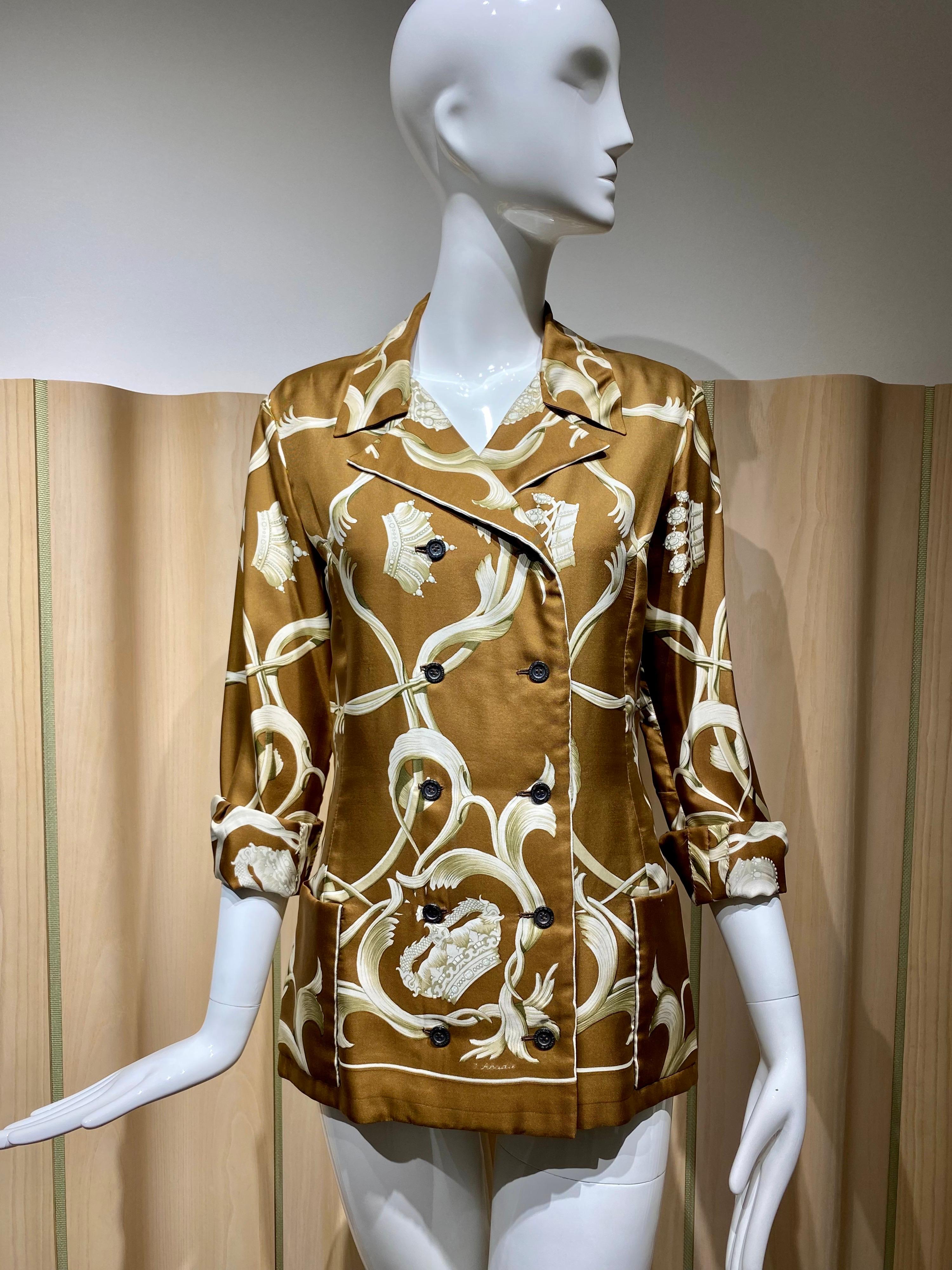 1970s HERMES Brown And creme Silk  Print Jacket  For Sale 7