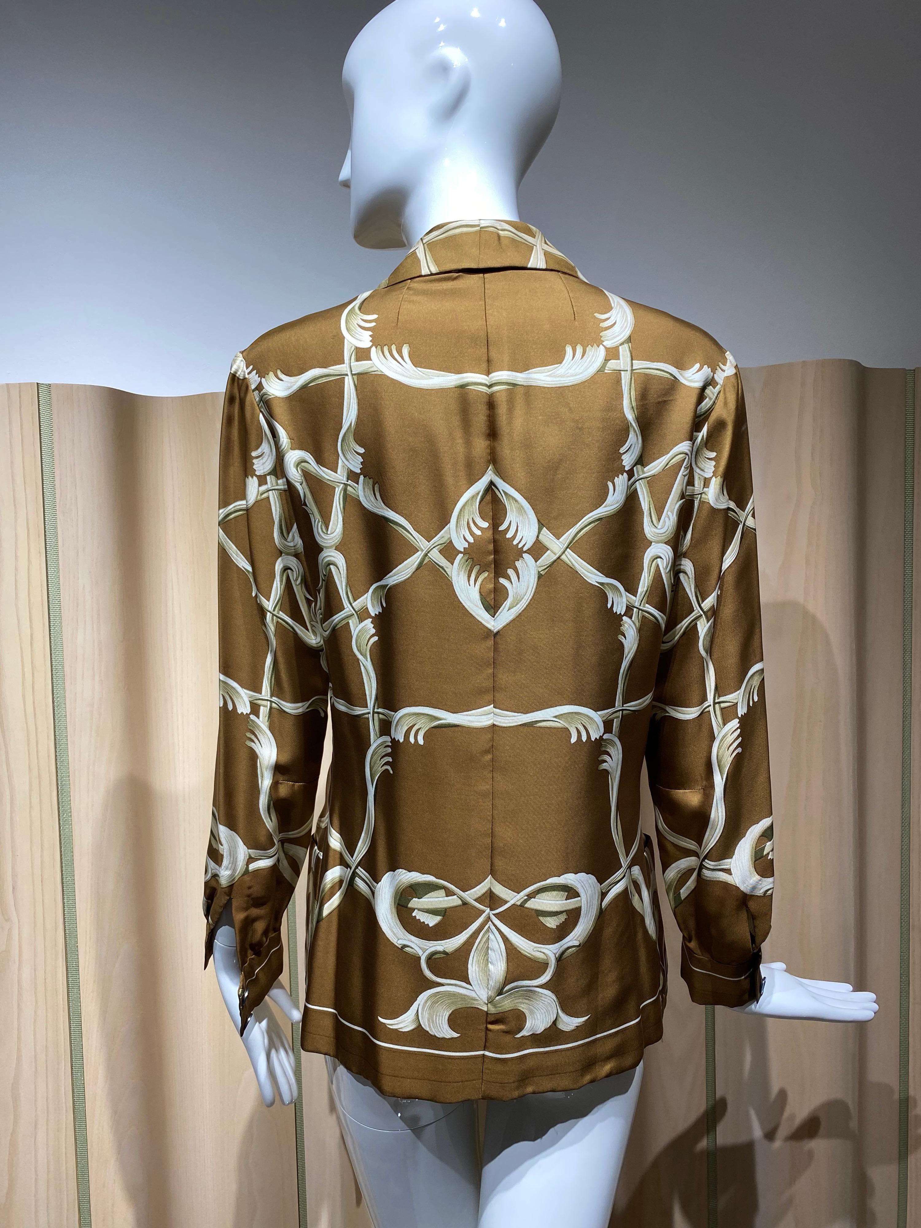 1970s HERMES Brown And creme Silk  Print Jacket  For Sale 1