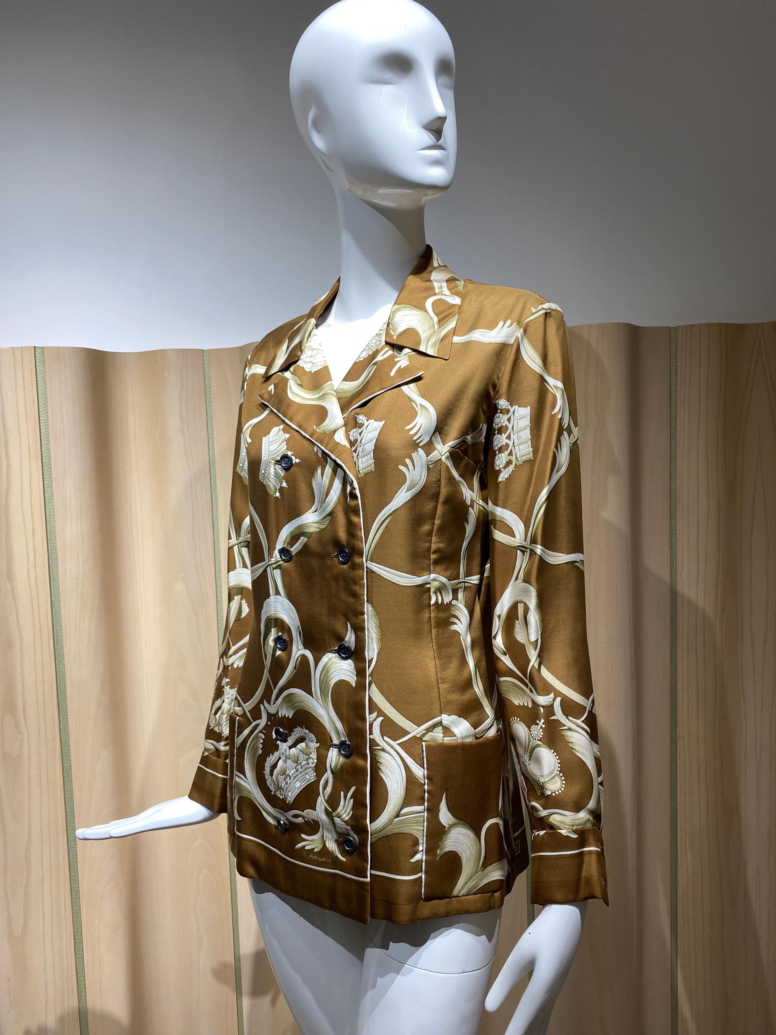 1970s HERMES Brown And creme Silk  Print Jacket  For Sale 3