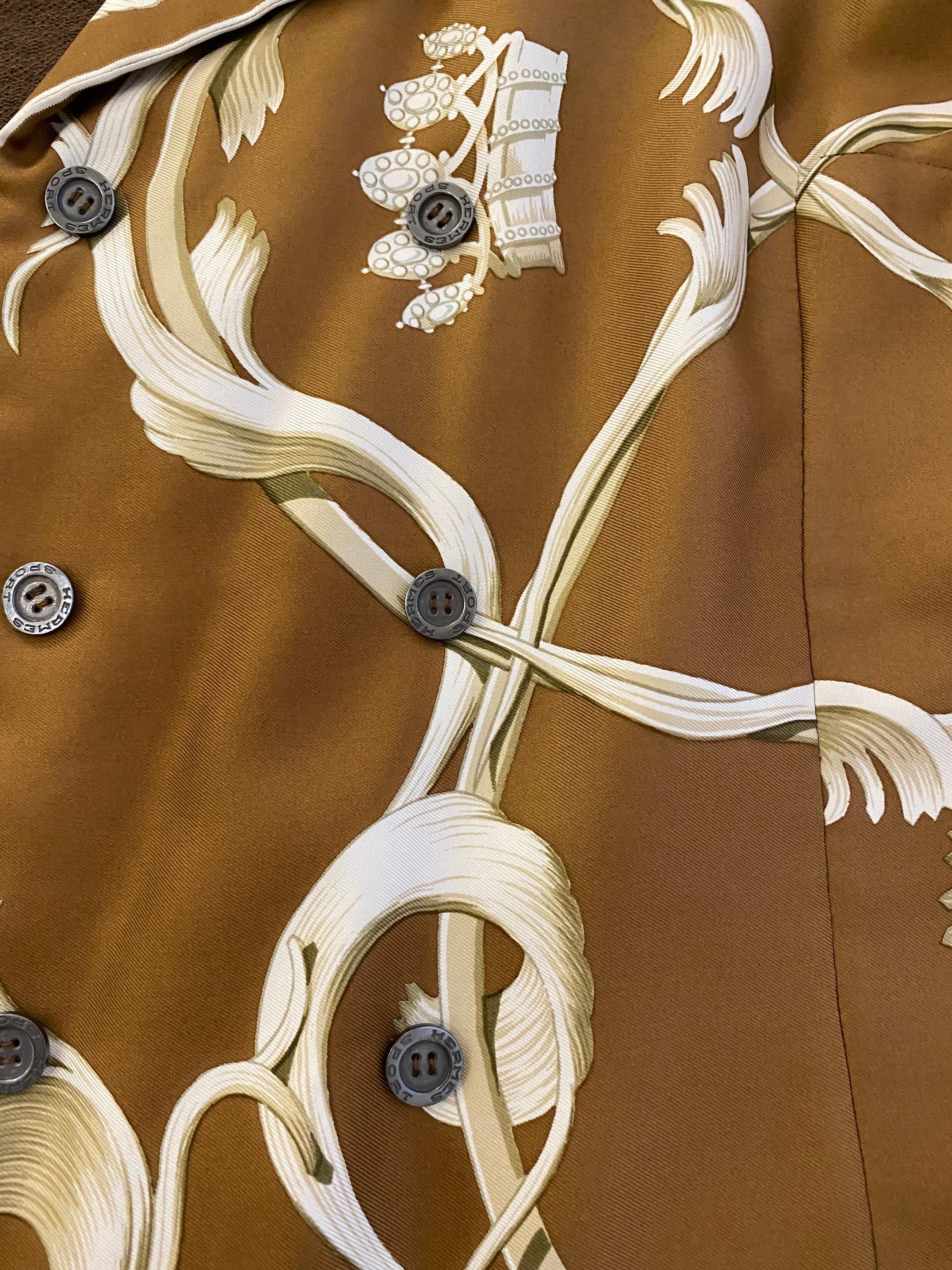 1970s HERMES Brown And creme Silk  Print Jacket  For Sale 5