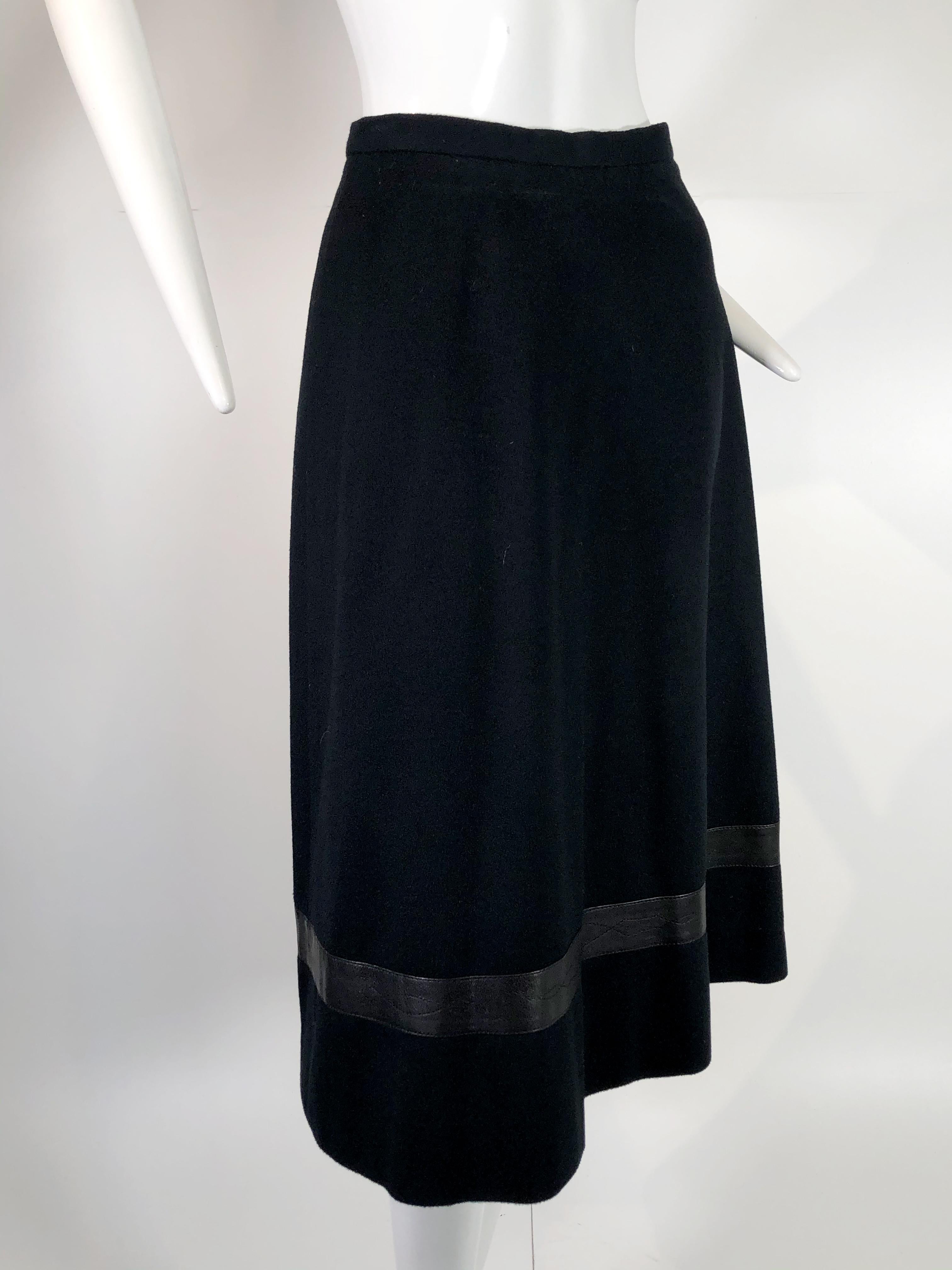 Black 1970s Hermes Cashmere Woven Flared Skirt w Western-Inspired Leather Inset