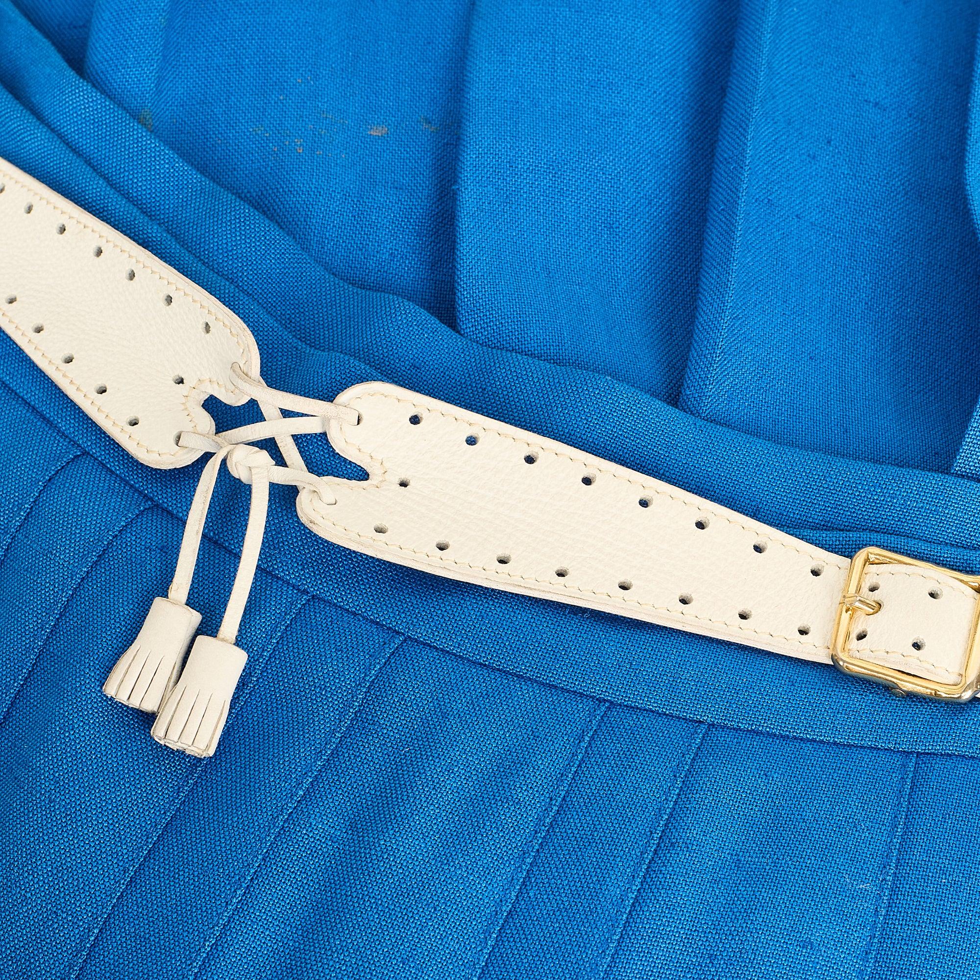 Women's 1970s Hermès French Blue Pleated Skirt with Leather Belt Detail For Sale