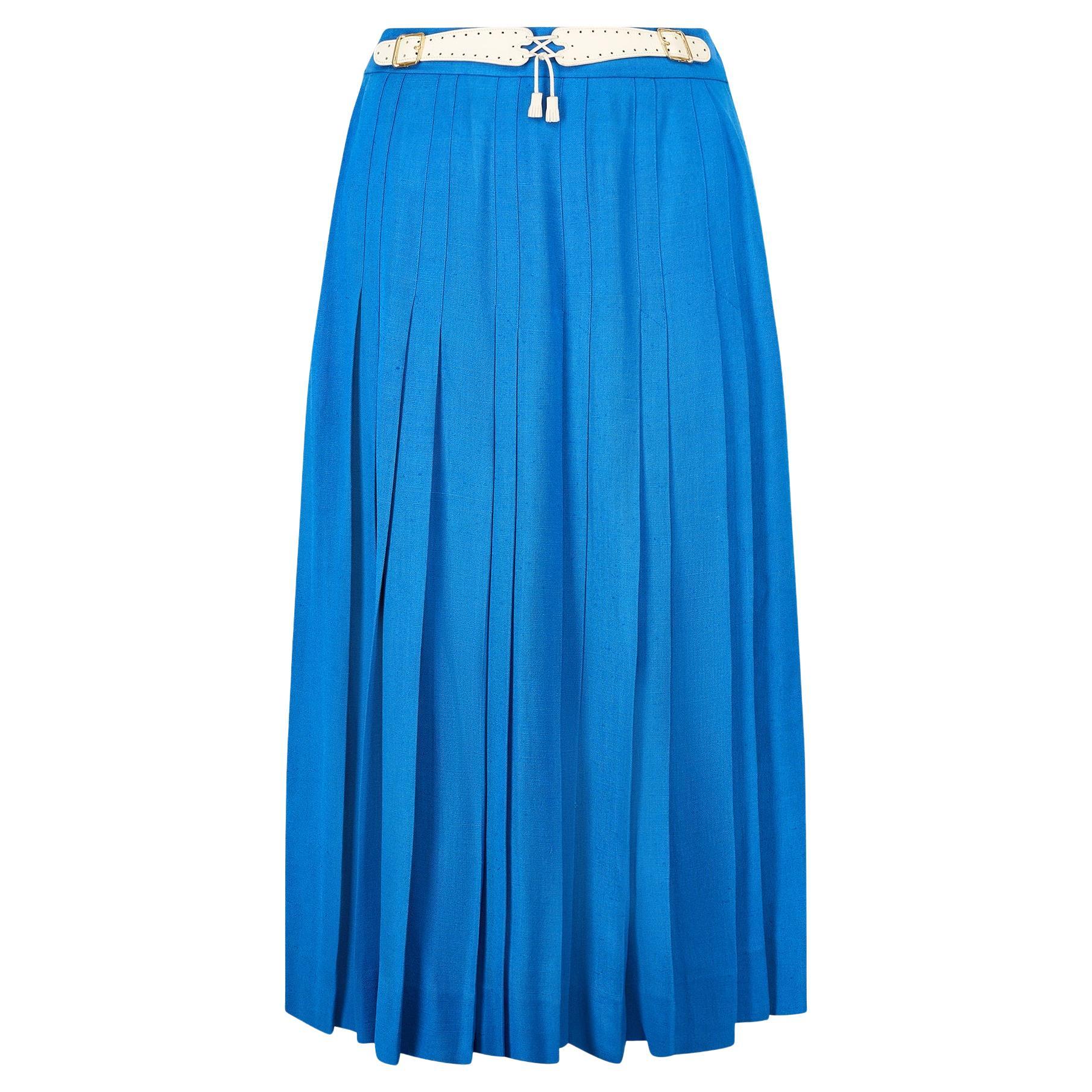 1970s Hermès French Blue Pleated Skirt with Leather Belt Detail