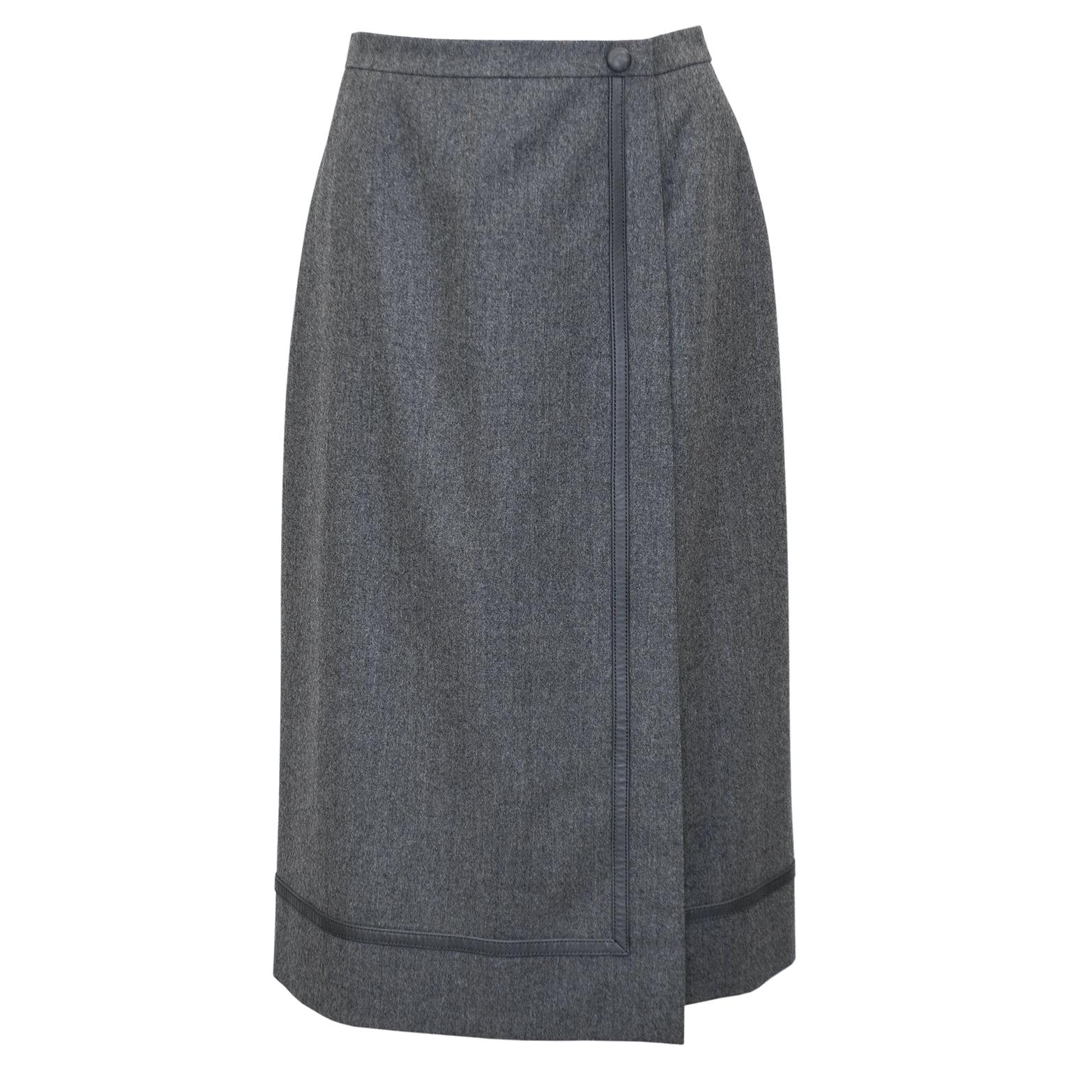 1970s Hermes Grey Wrap Skirt with Matching Leather Trim