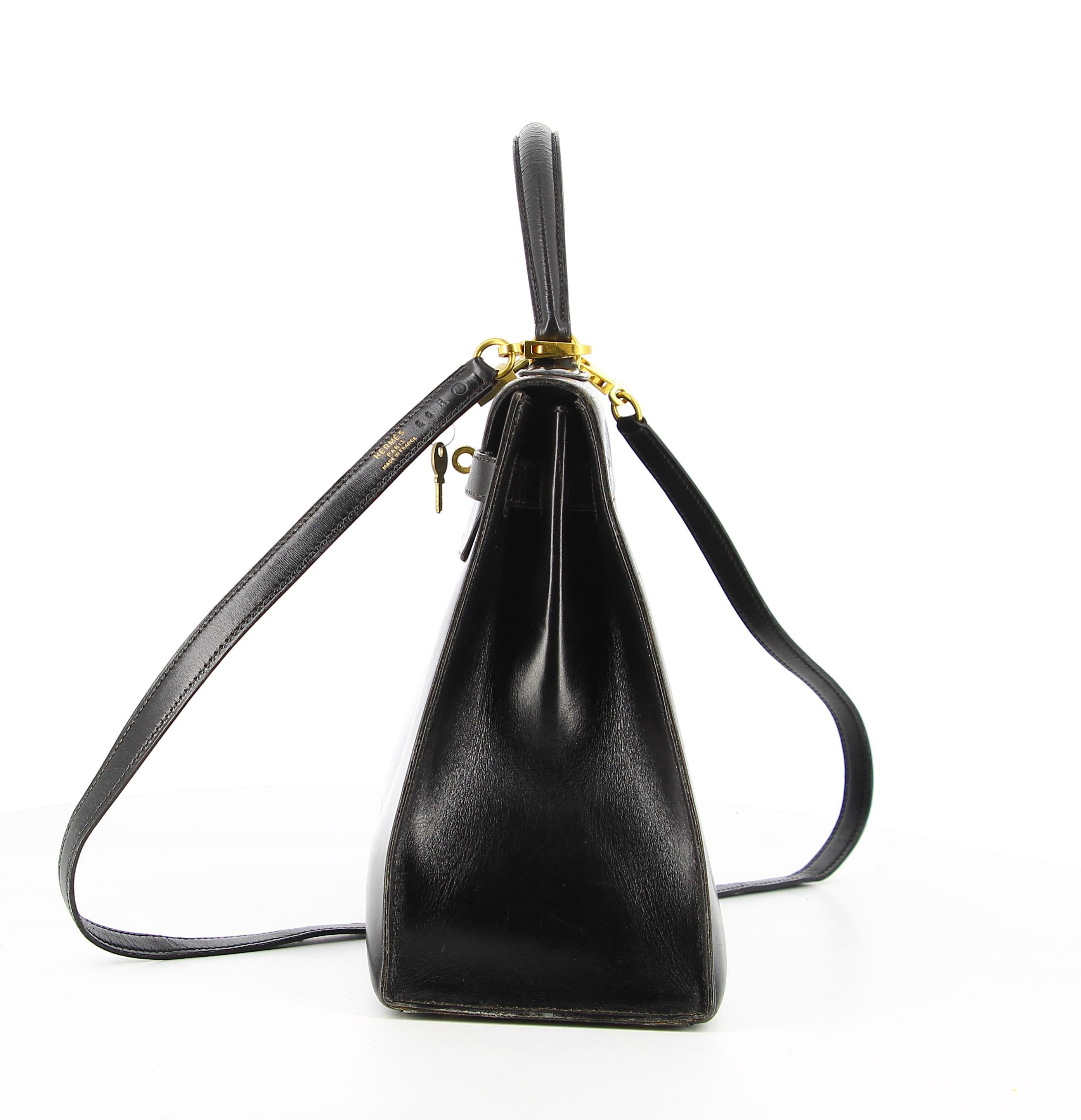 Women's or Men's 1970's Hermes Kelly 32 Bag in Black Box Leather
