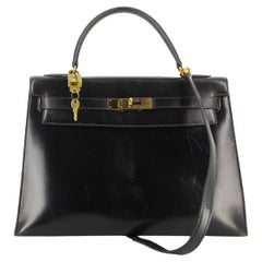 1970's Hermes Kelly 32 Bag in Black Box Leather