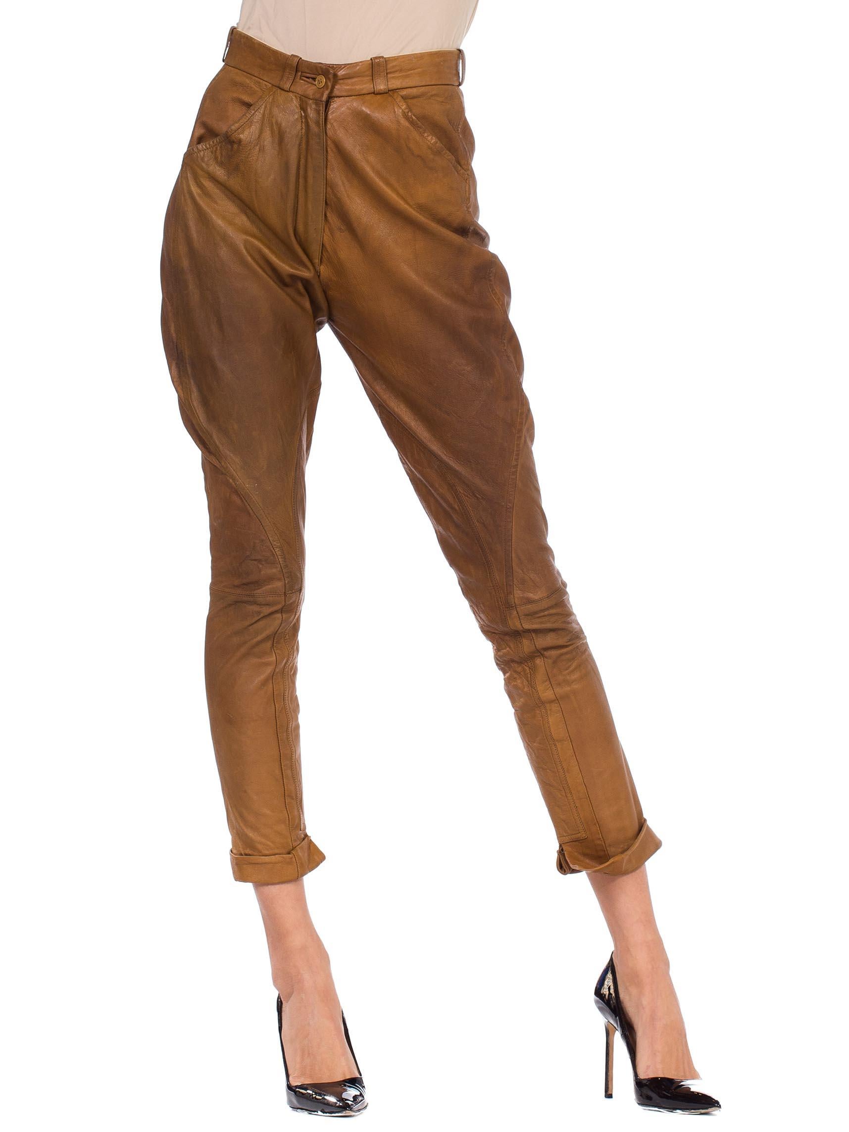1970S HERMES Caramel Brown Leather Riding Pants With Fantastic Patina From Paris In Excellent Condition In New York, NY