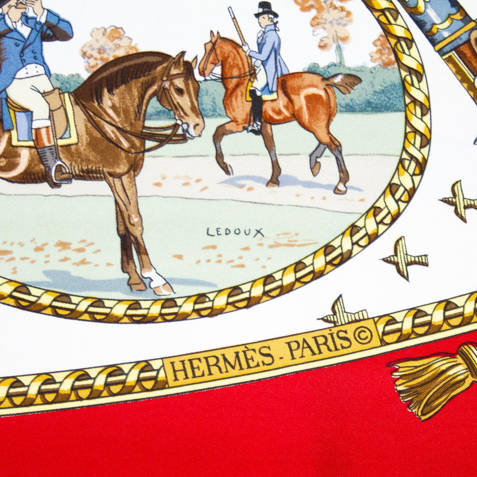 Beige 1970s Hermes Red 'La Chasse à Tir' by Philippe Ledoux Silk Scarf 