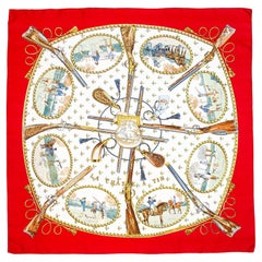 1970s Hermes Red 'La Chasse à Tir' by Philippe Ledoux Silk Scarf 