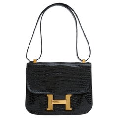 Retro 1970s Hermes Sac Constance Black Precious Leather Bag  