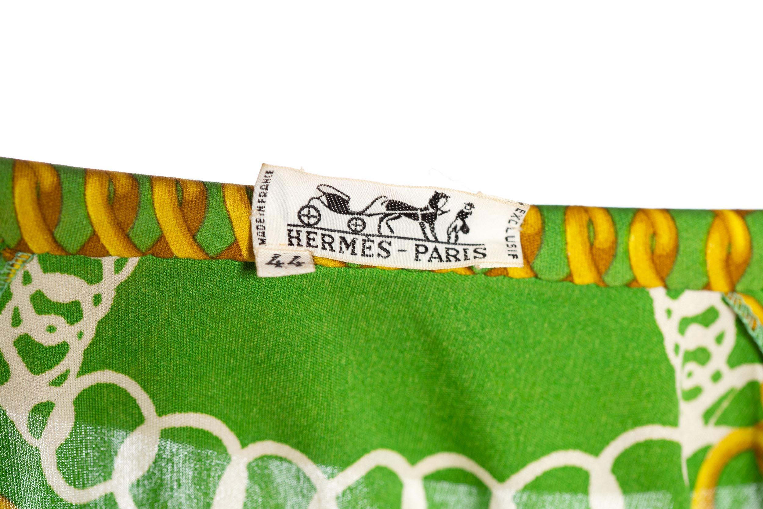 1970'S HERMES Silk Jersey Lime Green & Gold Equestrian Status Chain Print Skirt 6