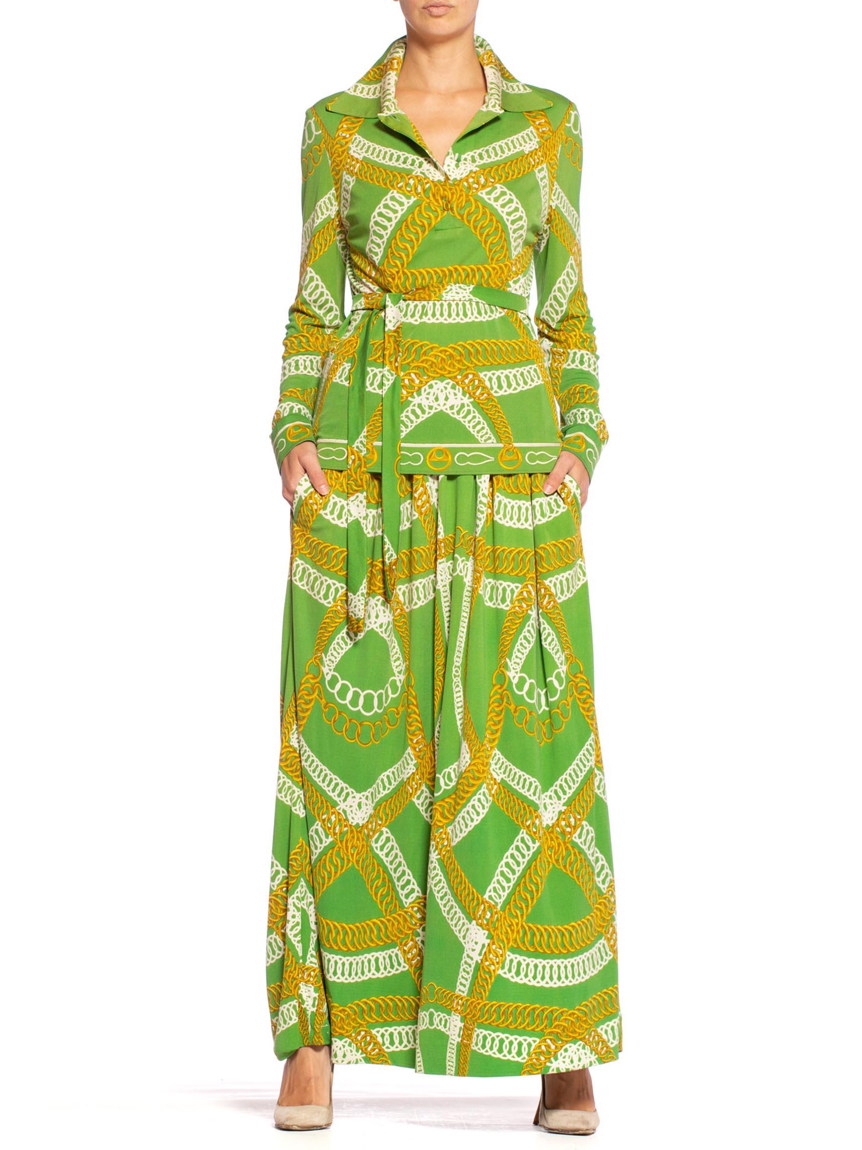 1970'S HERMES Silk Jersey Lime Green & Gold Equestrian Status Chain Print Skirt Blouse Ensemble