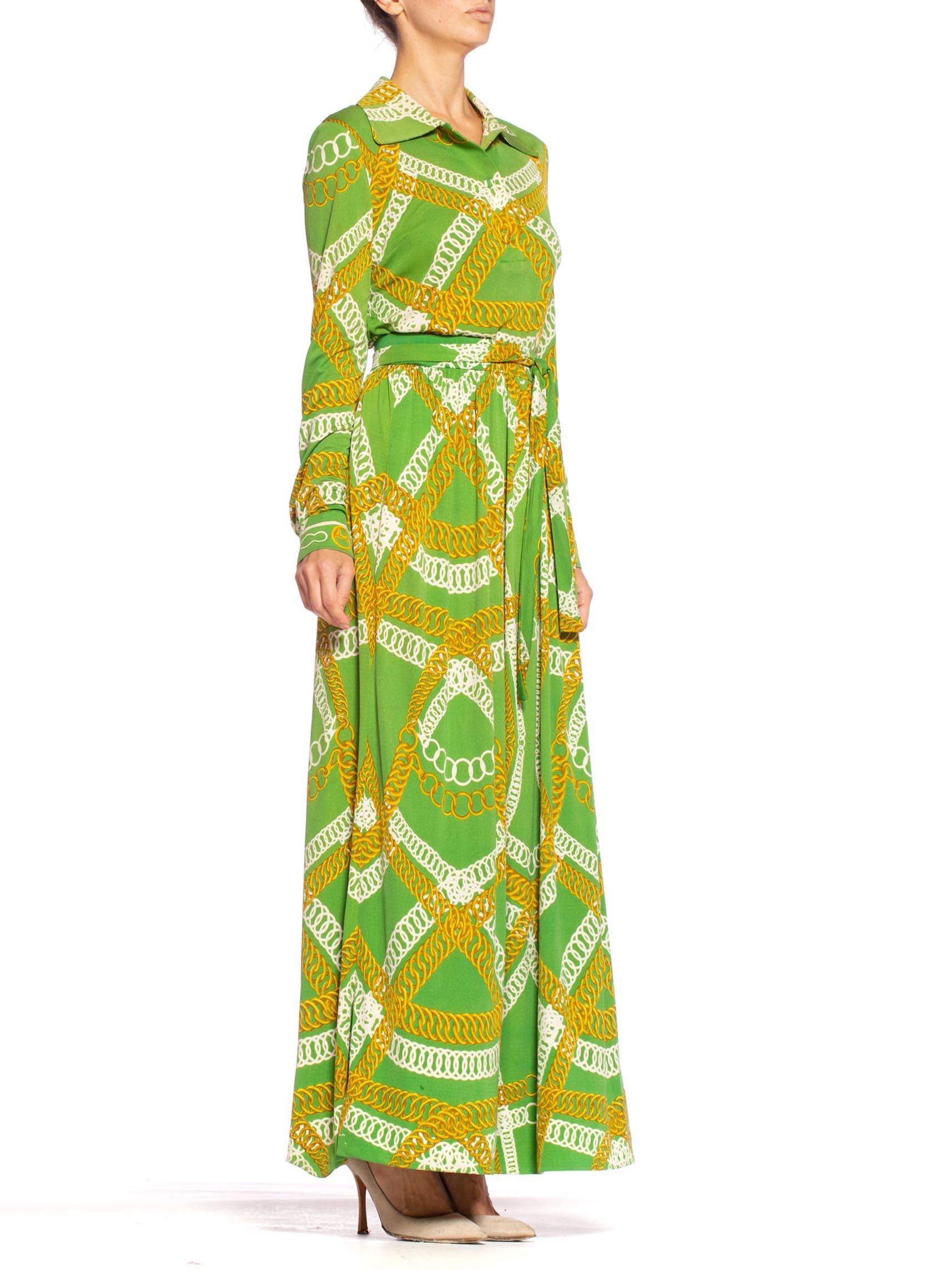1970'S HERMES Silk Jersey Lime Green & Gold Equestrian Status Chain Print Skirt In Excellent Condition In New York, NY