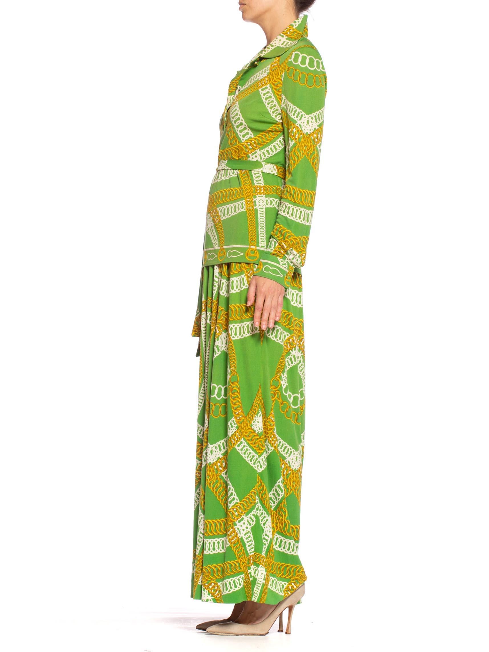 Women's 1970'S HERMES Silk Jersey Lime Green & Gold Equestrian Status Chain Print Skirt