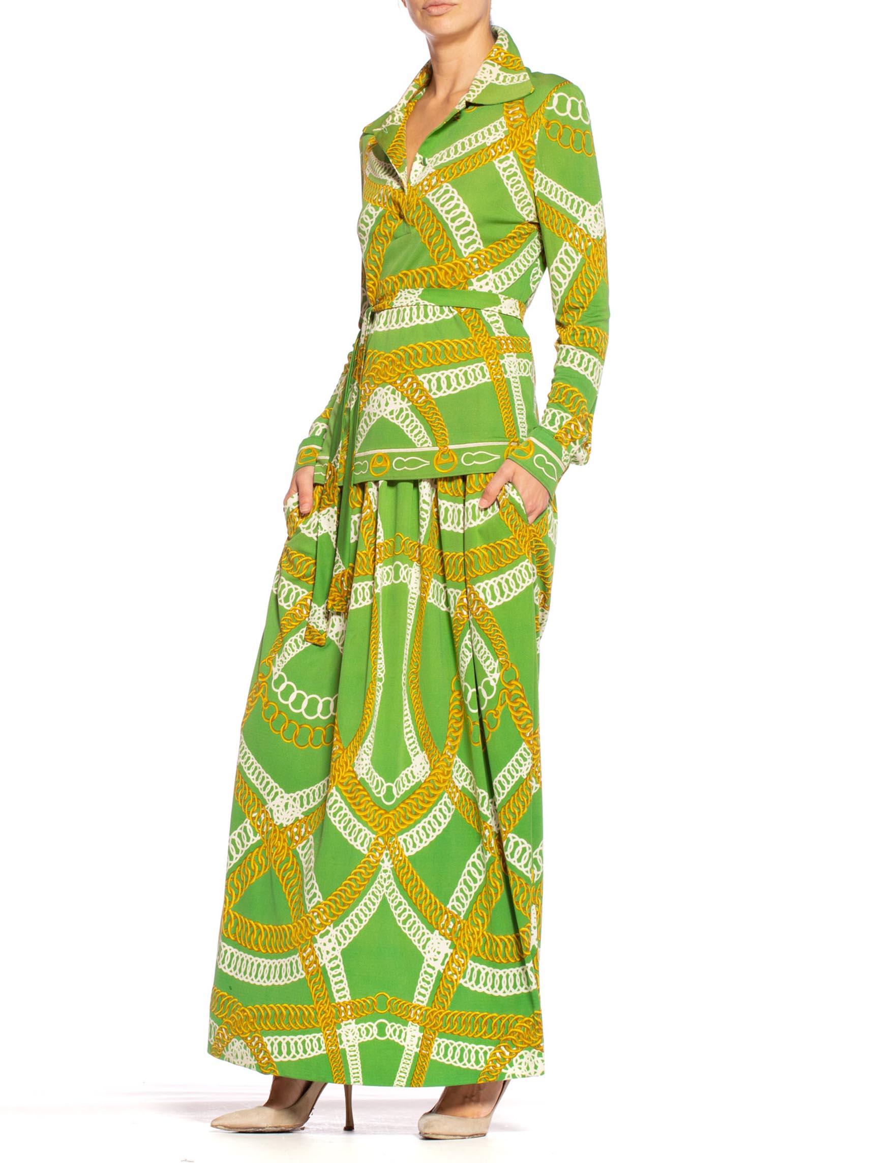 1970'S HERMES Silk Jersey Lime Green & Gold Equestrian Status Chain Print Skirt 1