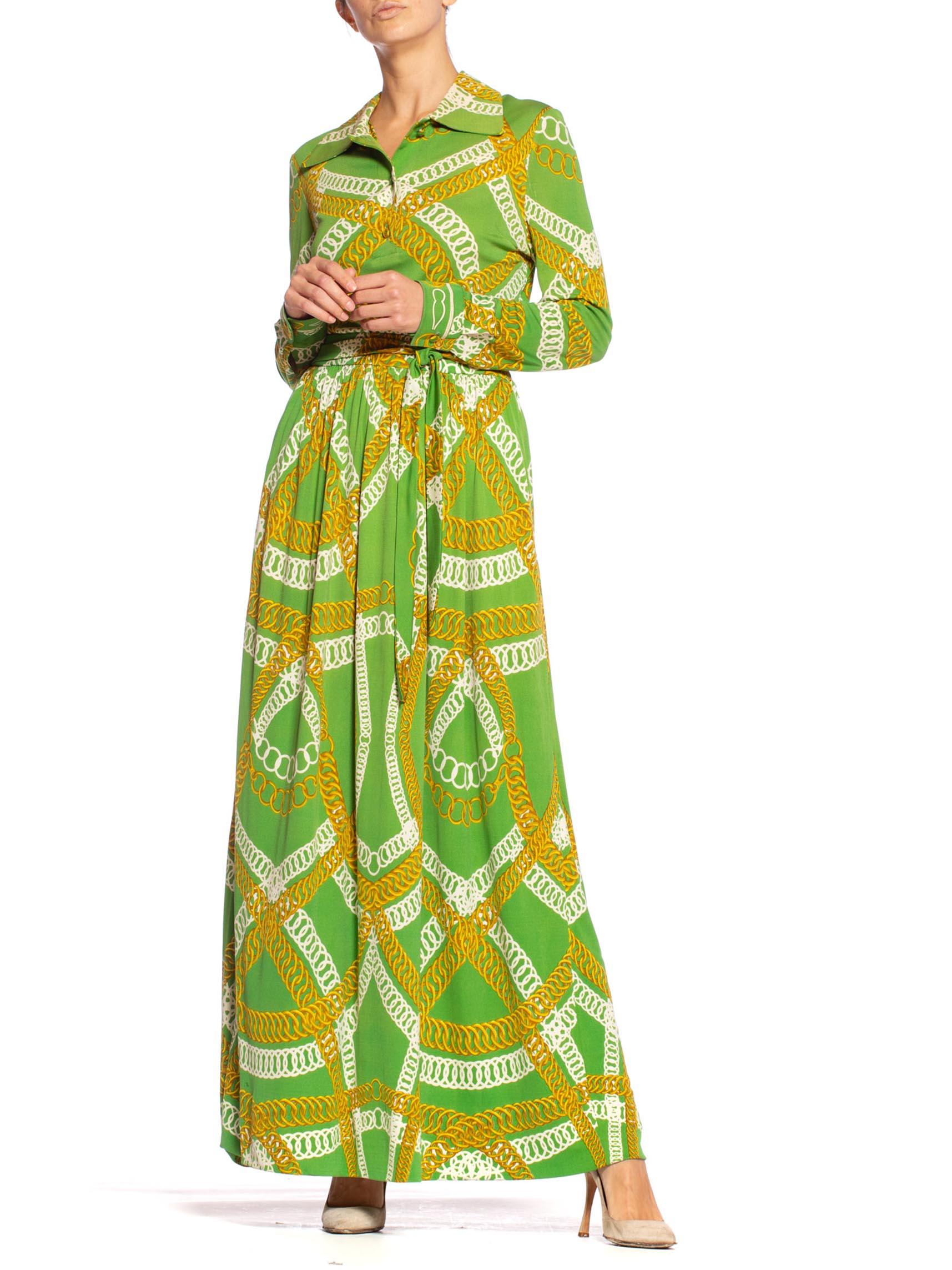 1970'S HERMES Silk Jersey Lime Green & Gold Equestrian Status Chain Print Skirt 2