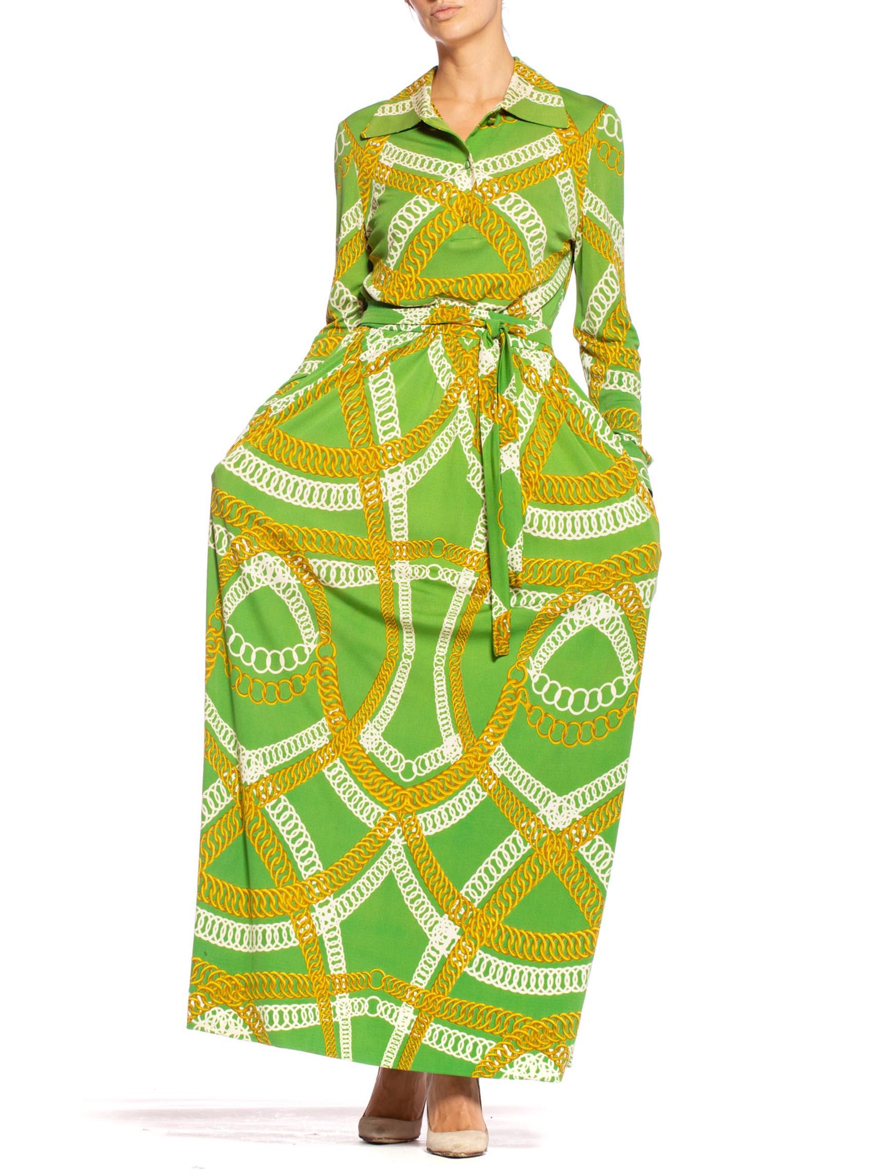 1970'S HERMES Silk Jersey Lime Green & Gold Equestrian Status Chain Print Skirt 3