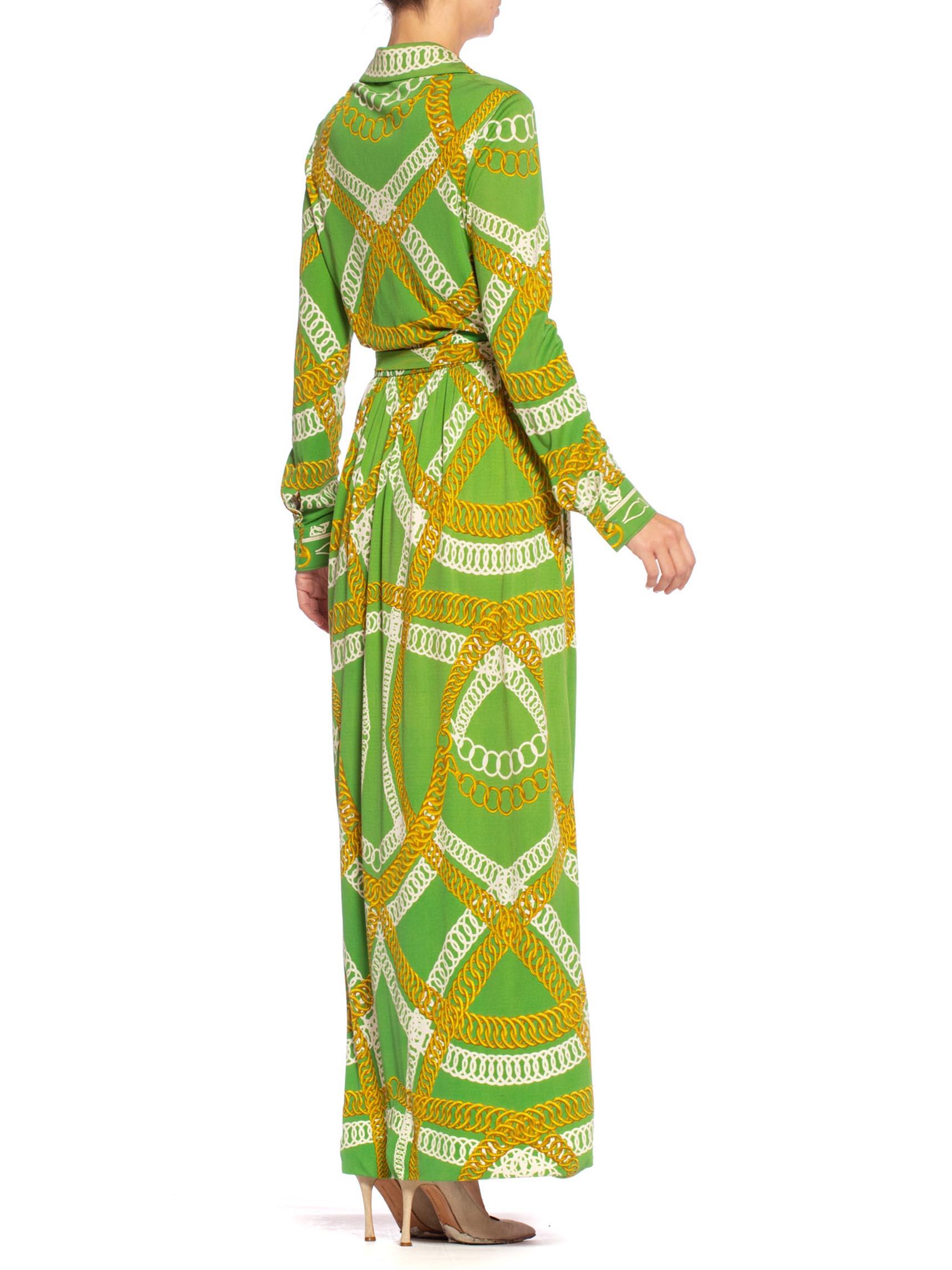 1970'S HERMES Silk Jersey Lime Green & Gold Equestrian Status Chain Print Skirt 4