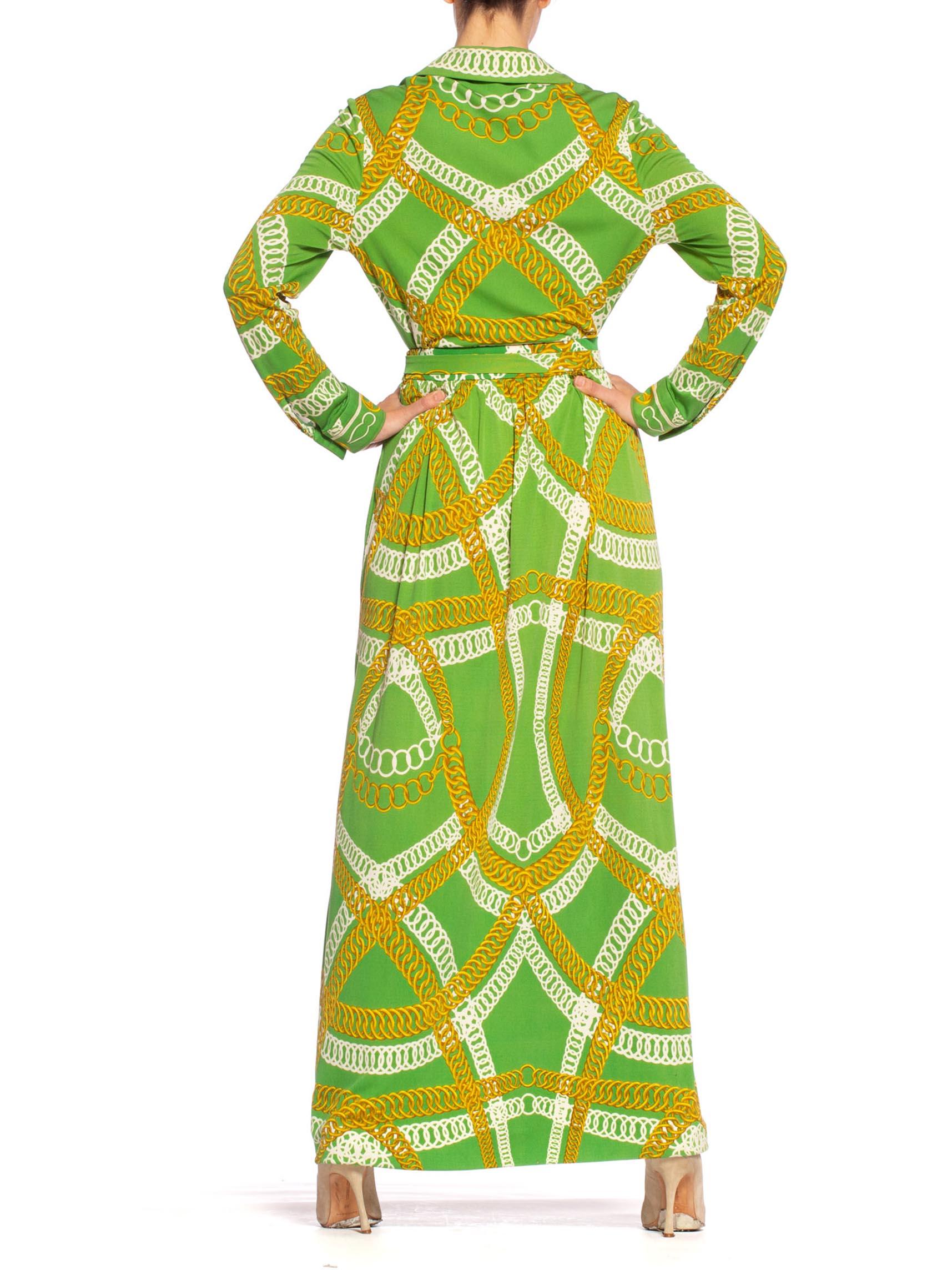 1970'S HERMES Silk Jersey Lime Green & Gold Equestrian Status Chain Print Skirt 5