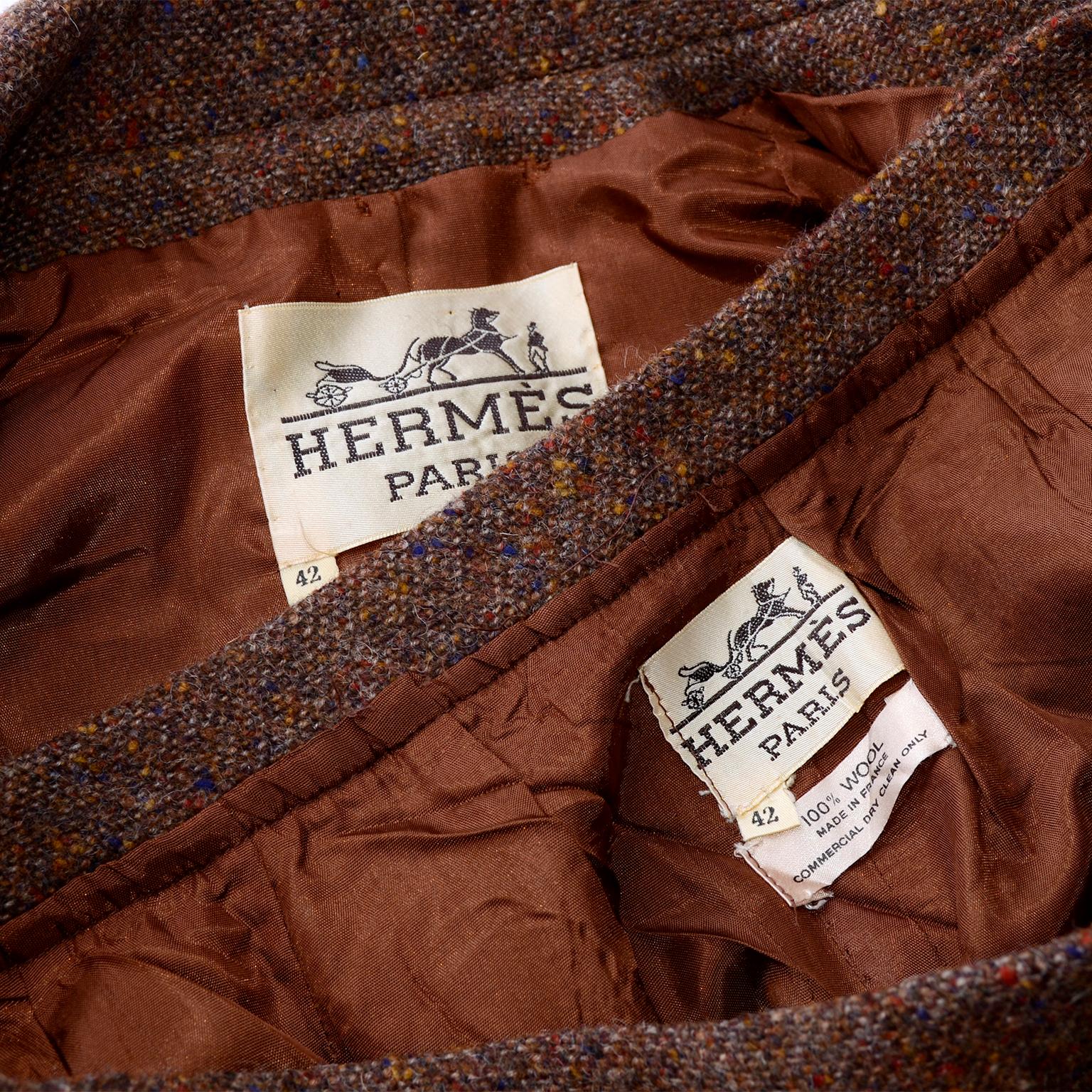 1970s Hermes Vintage Suit W/ Skirt and Blazer in Brown Wool 1970s Hermes Vintage Suit W/ Skirt and Blazer in Brown Wool